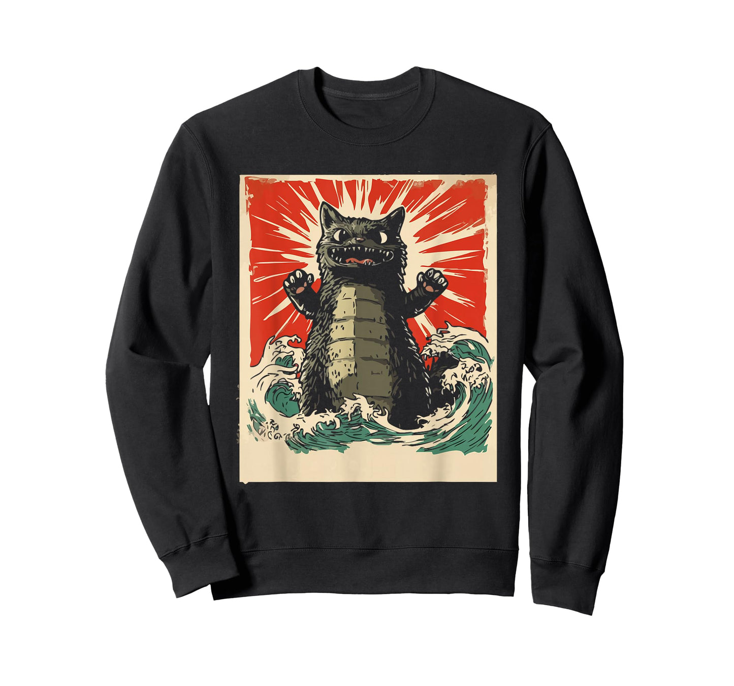 Epic Monster Cat Rising From Waves Retro Kawaii Men Kids T-Shirt