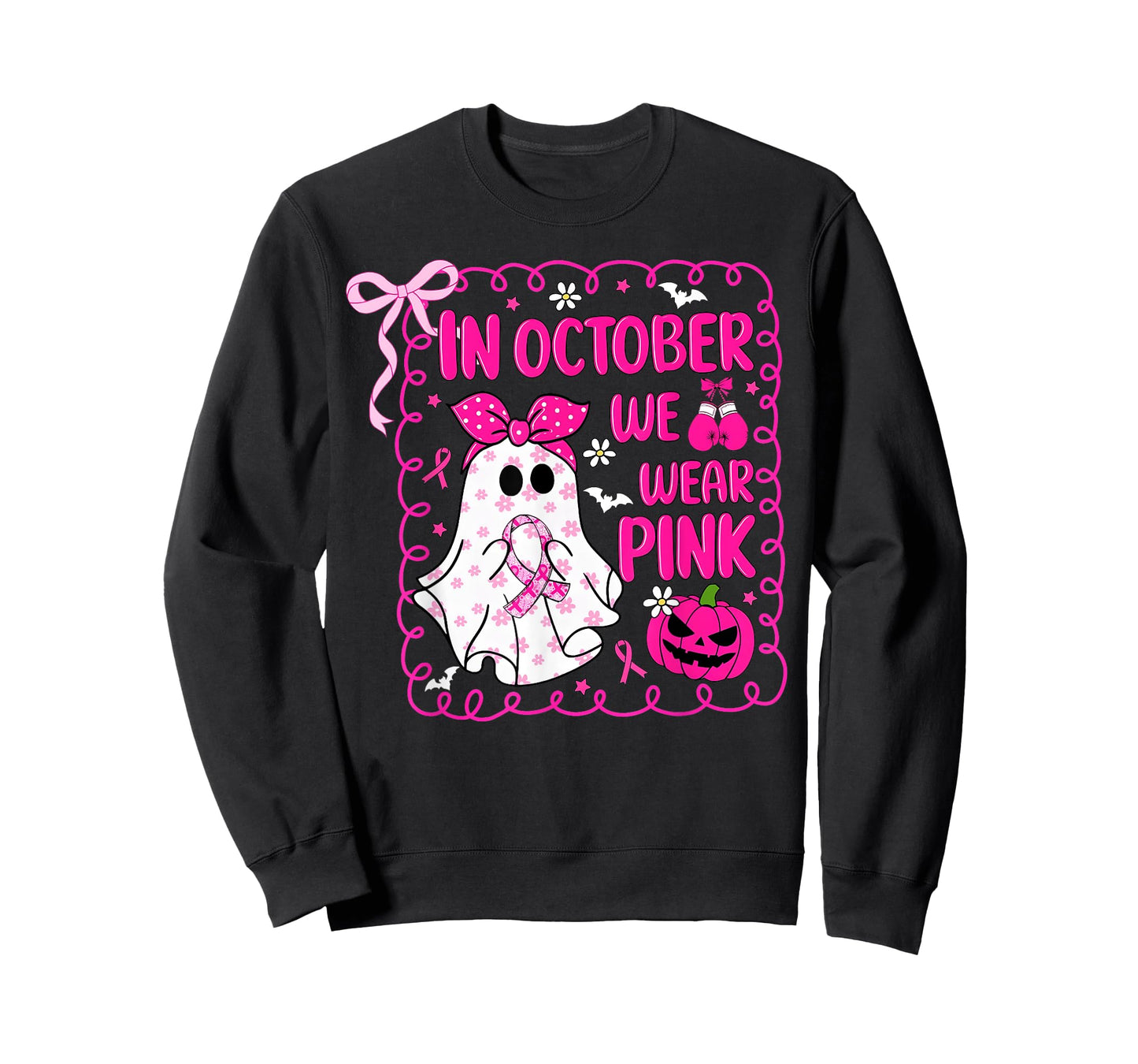 in October We Wear Pink Bow Ghost Breast Cancer Awareness T-Shirt