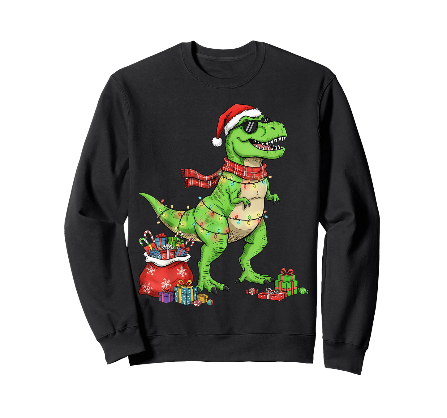 Tree T Rex Santa Hat Funny Christmas Lights Kids Boys Xmas T-Shirt