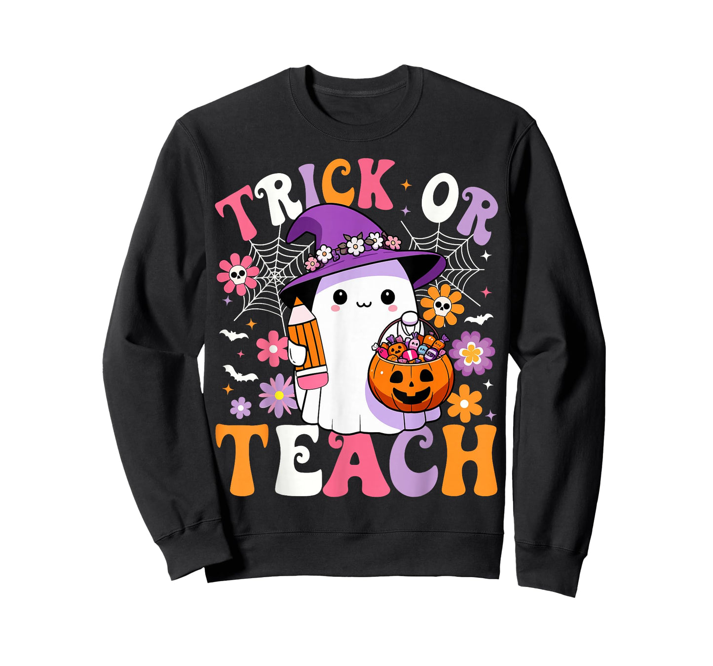 Trick Or Teach Groovy Teacher Ghost Funny Halloween Teacher T-Shirt