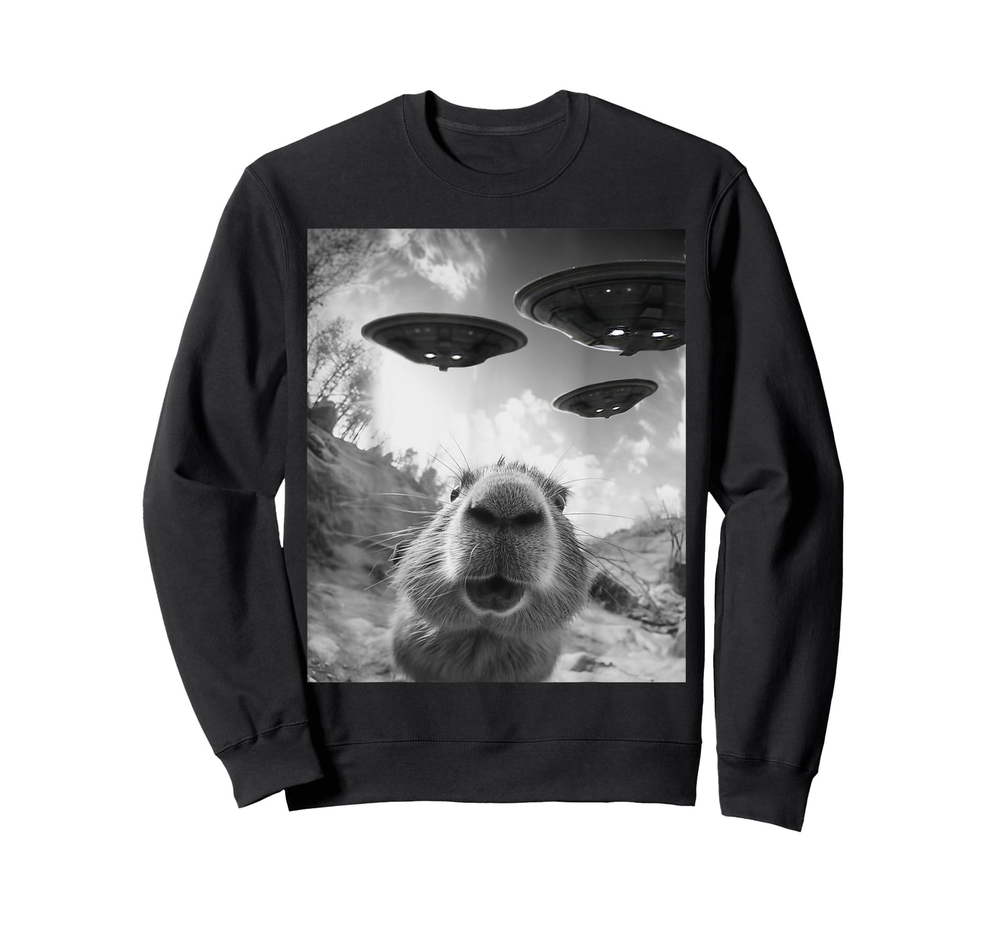 Funny Capybara Selfie with UFOs Weird Graphic Tee Alien UFO T-Shirt