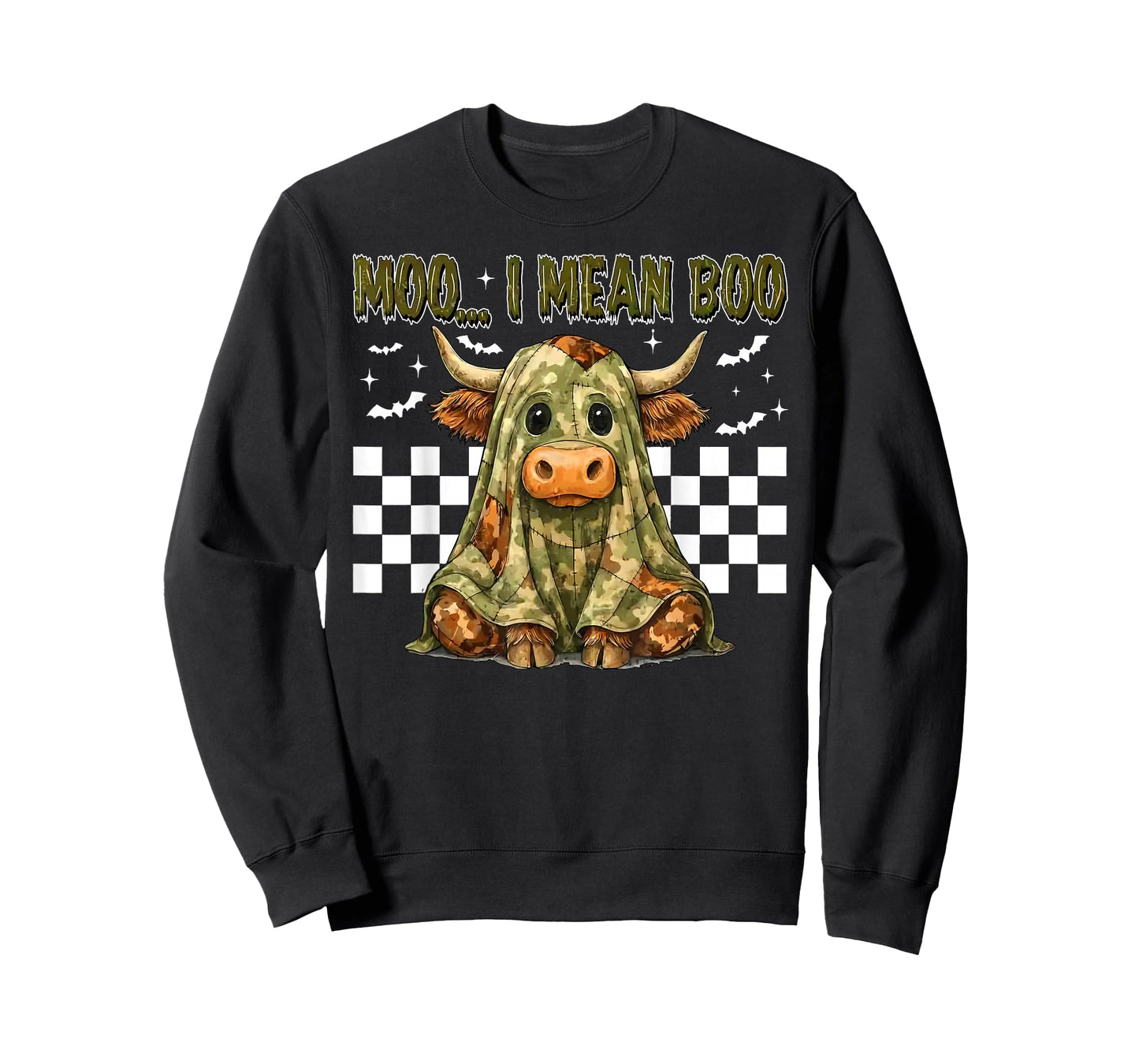 Checkered Moo I Mean Boo Green Camo Patchwork Spooky Ghost T-Shirt