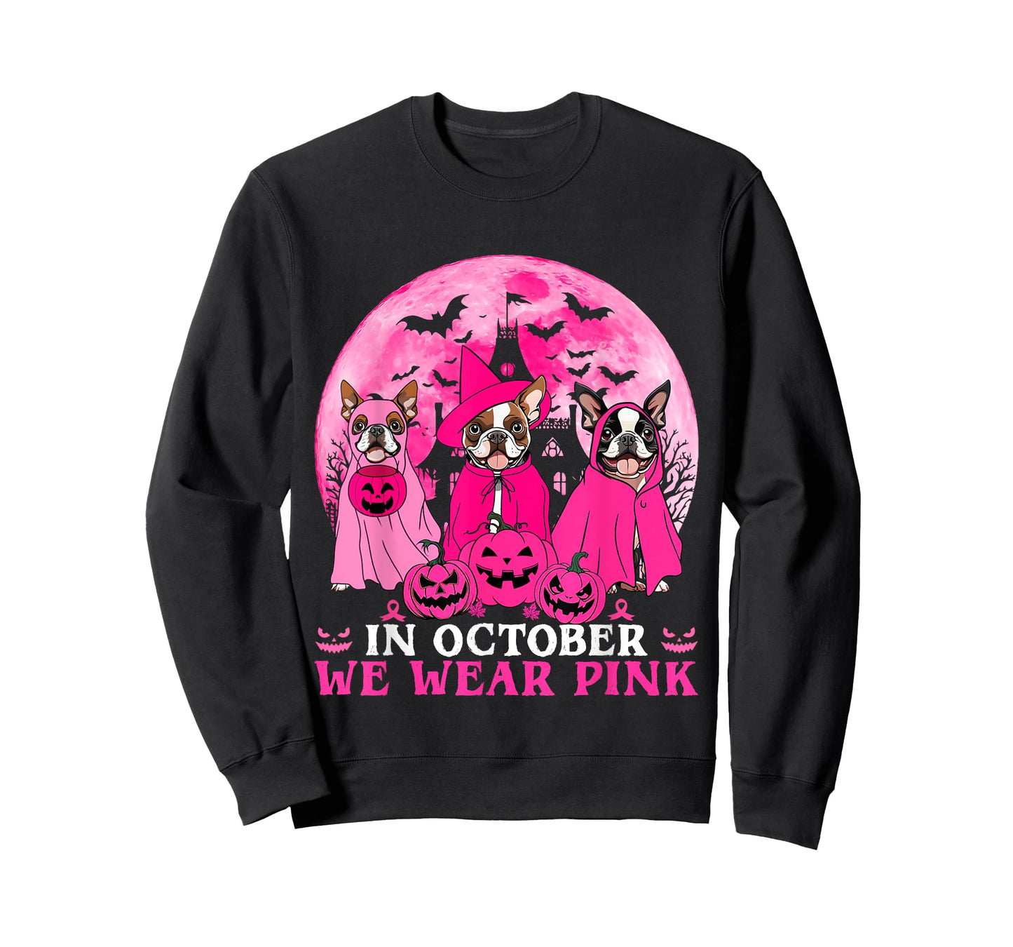 Ghost And Witch Boston Terrier Dog In October We Wear Pink T-Shirt