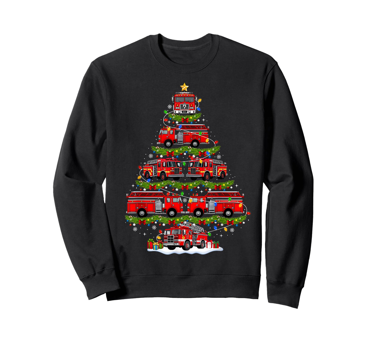 Fire Truck Firefighter Christmas Tree Lights Xmas Pajamas T-Shirt