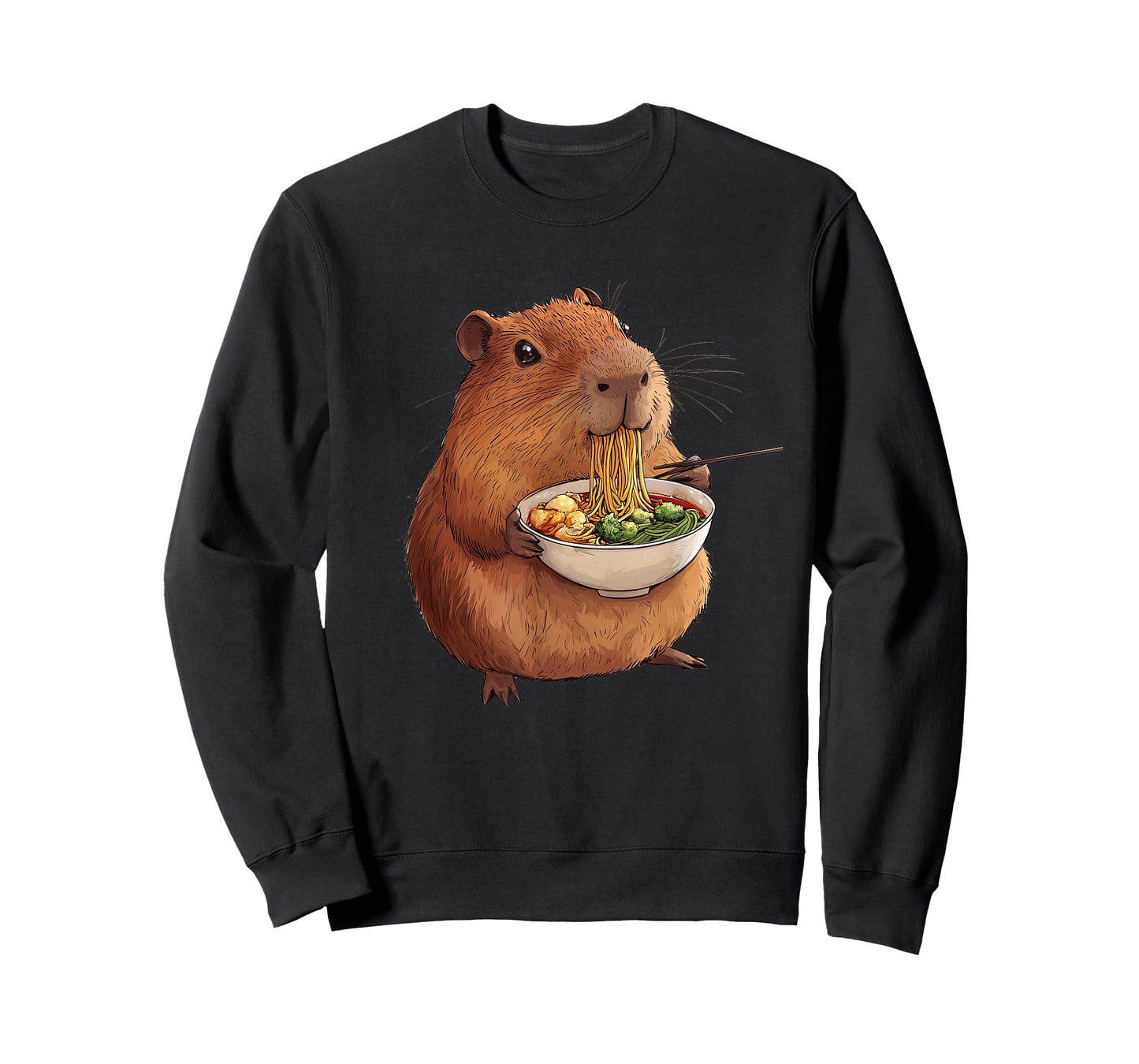 Capybara Designs. Kawaii Capybara Eating Ramen Noodles Anime Japanese Unisex-Adults and Kids T-Shirt - Black - Small - Short Sleeve
