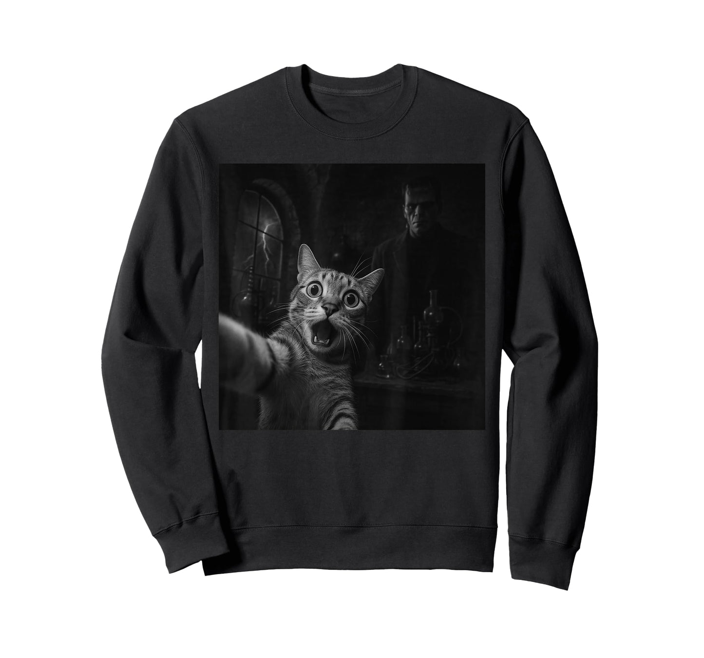 Funny Halloween Surprised Scared Cat Selfie Frankenstein T-Shirt