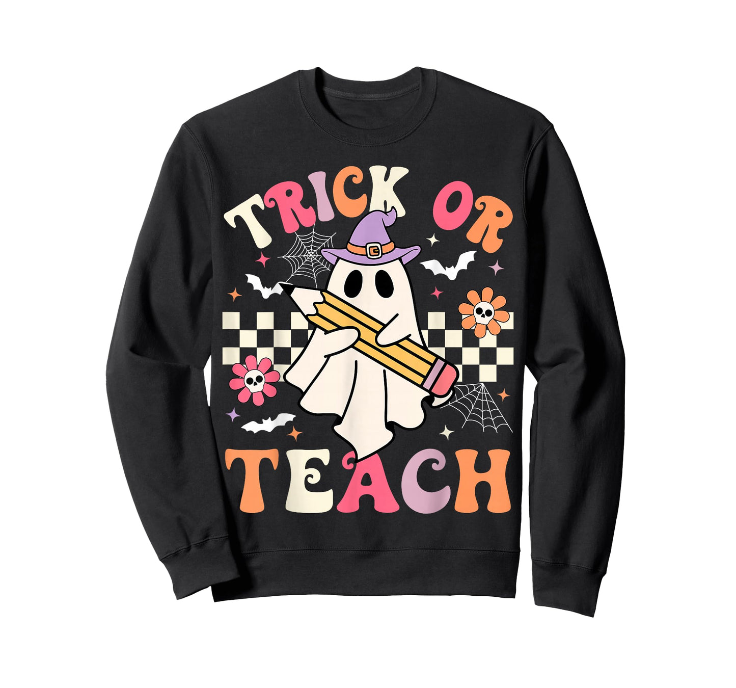 Trick Or Teach Groovy Teacher Halloween Retro Floral Ghost T-Shirt