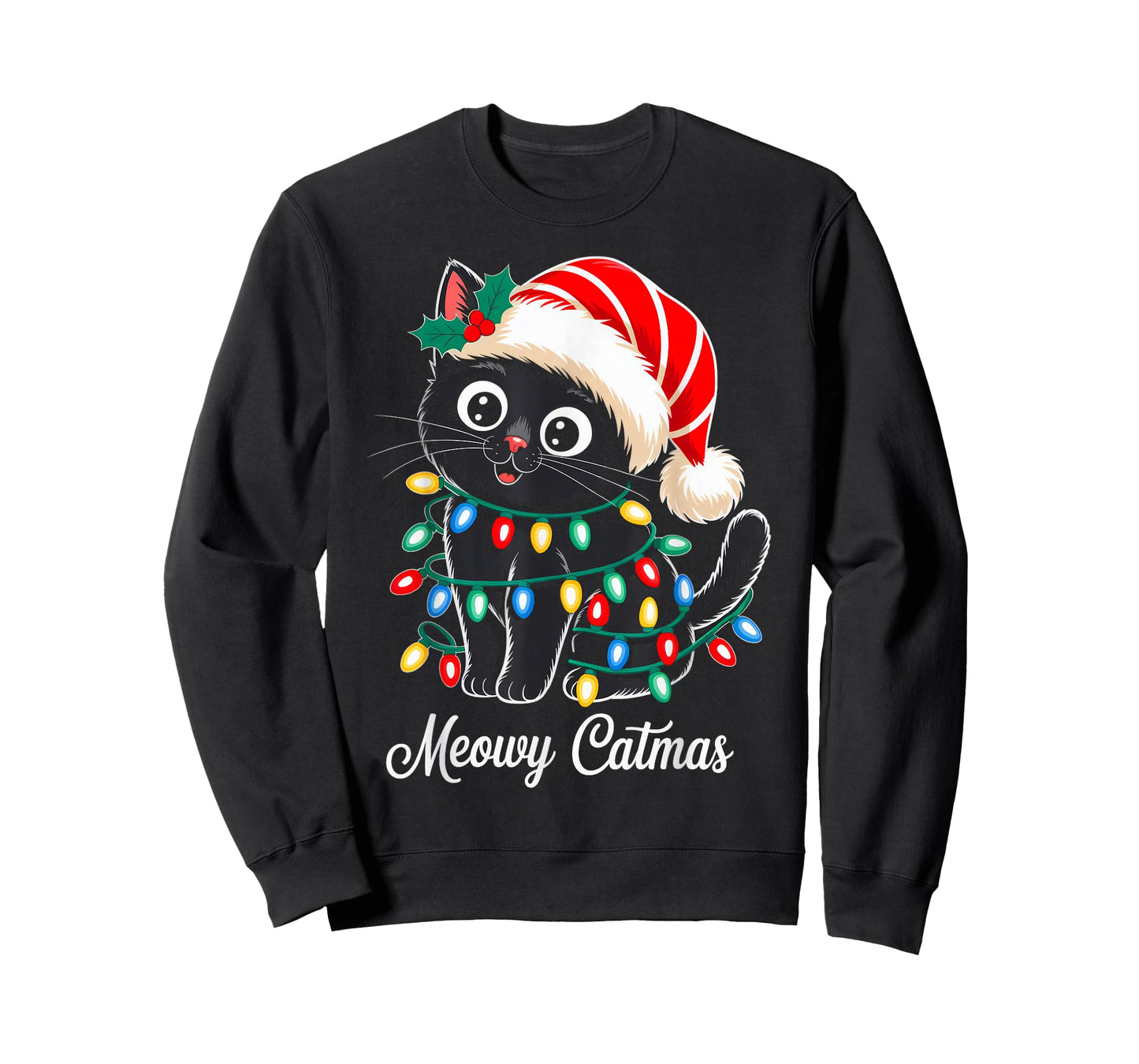 Cute Black Cat Christmas Lights Santa Hat Xmas Meowy Catmas T-Shirt