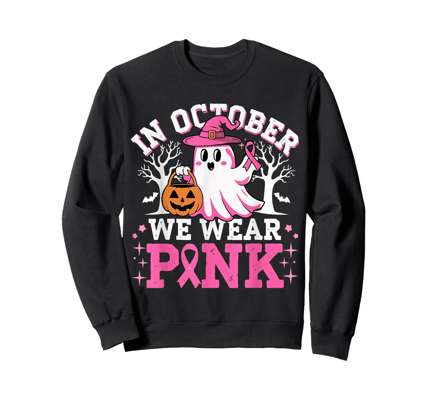 In October We Wear Pink Witch Ghost Halloween Breast Cancer T-Shirt