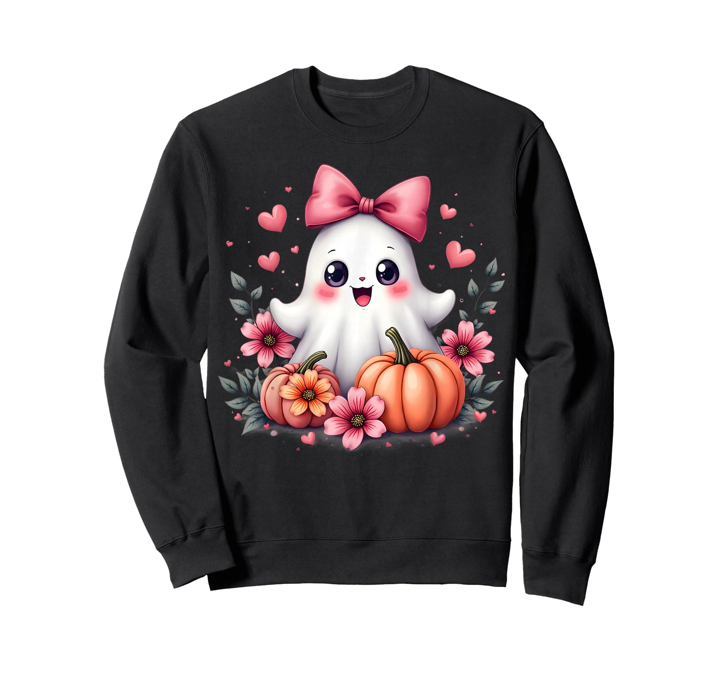 Cute Kawaii Ghost with Pink Bow Halloween Pumpkin Flowers T-Shirt