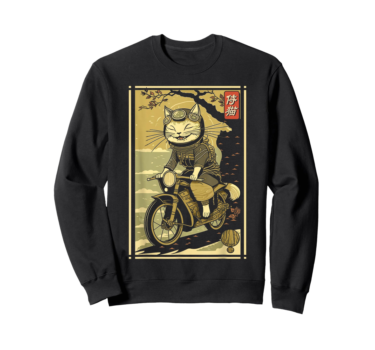 Japanese Samurai Cat on Motorcycle Kawaii Ninja Cat Men Women Kids T-Shirt