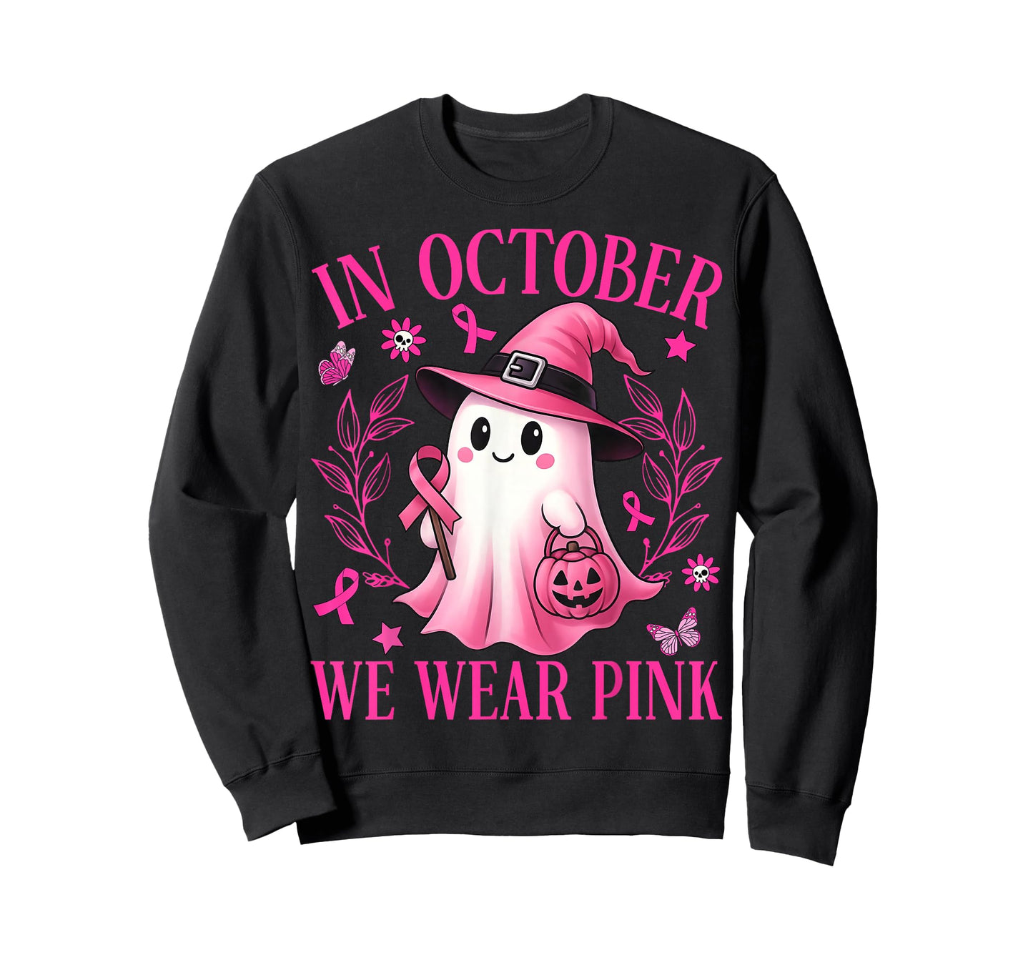 In October We Wear Pink Ghost Witch Breast Cancer Awareness T-Shirt