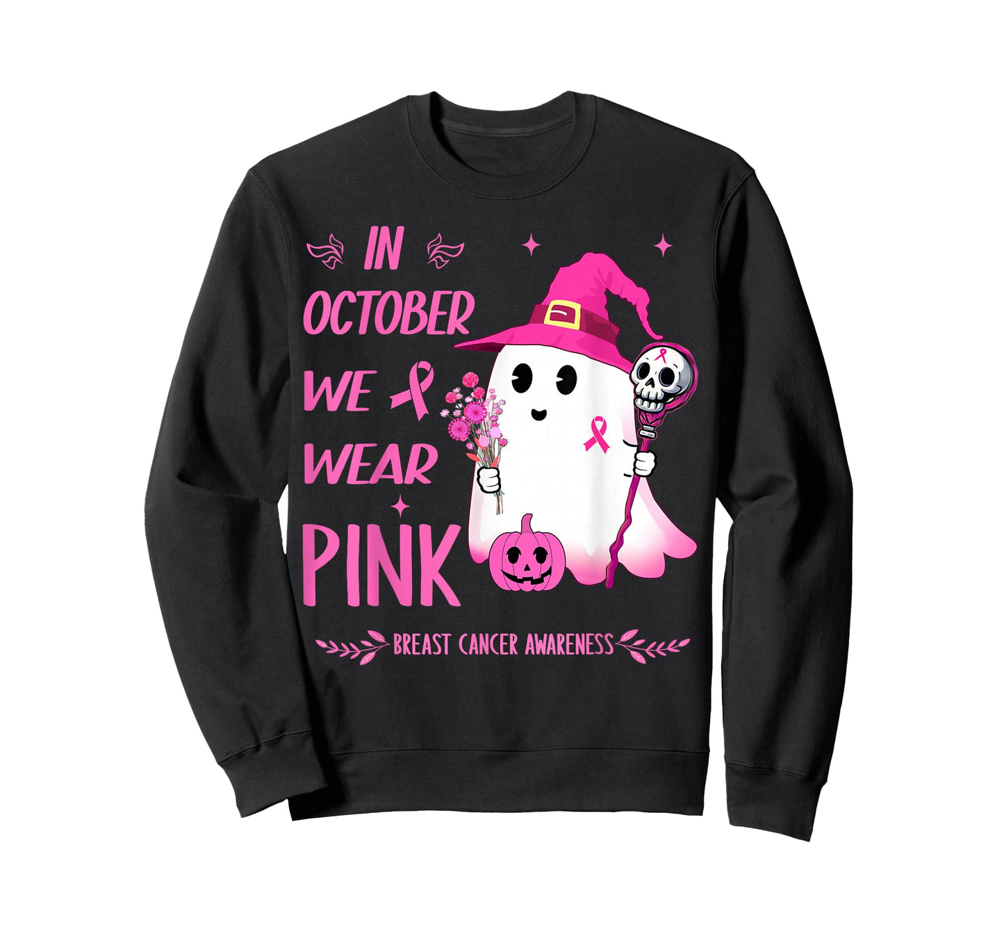 In October We Wear Pink Breast Cancer Awareness Ghost Witch T-Shirt