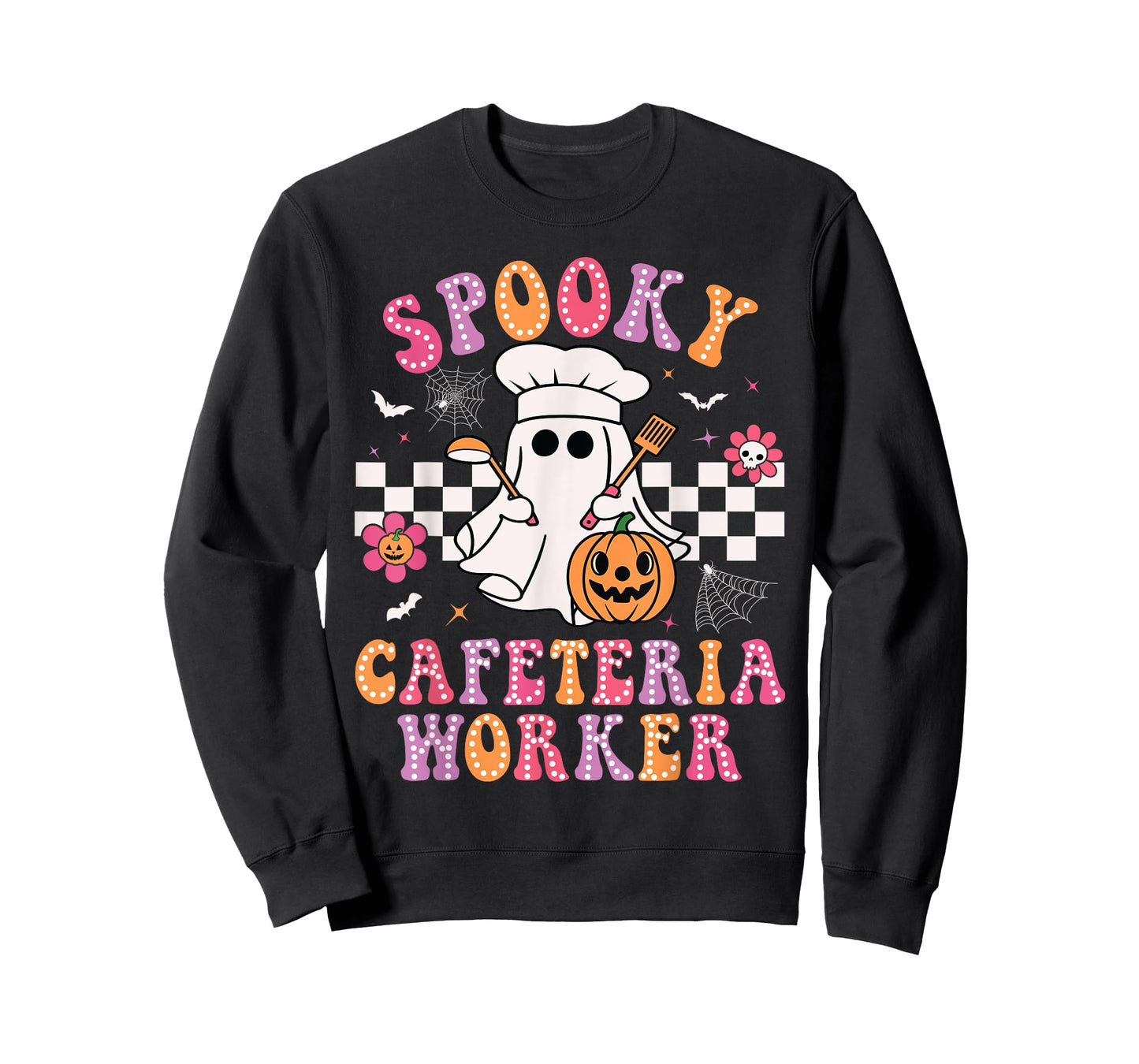 Spooky Cafeteria Worker Ghost Pumpkin Groovy Halloween T-Shirt