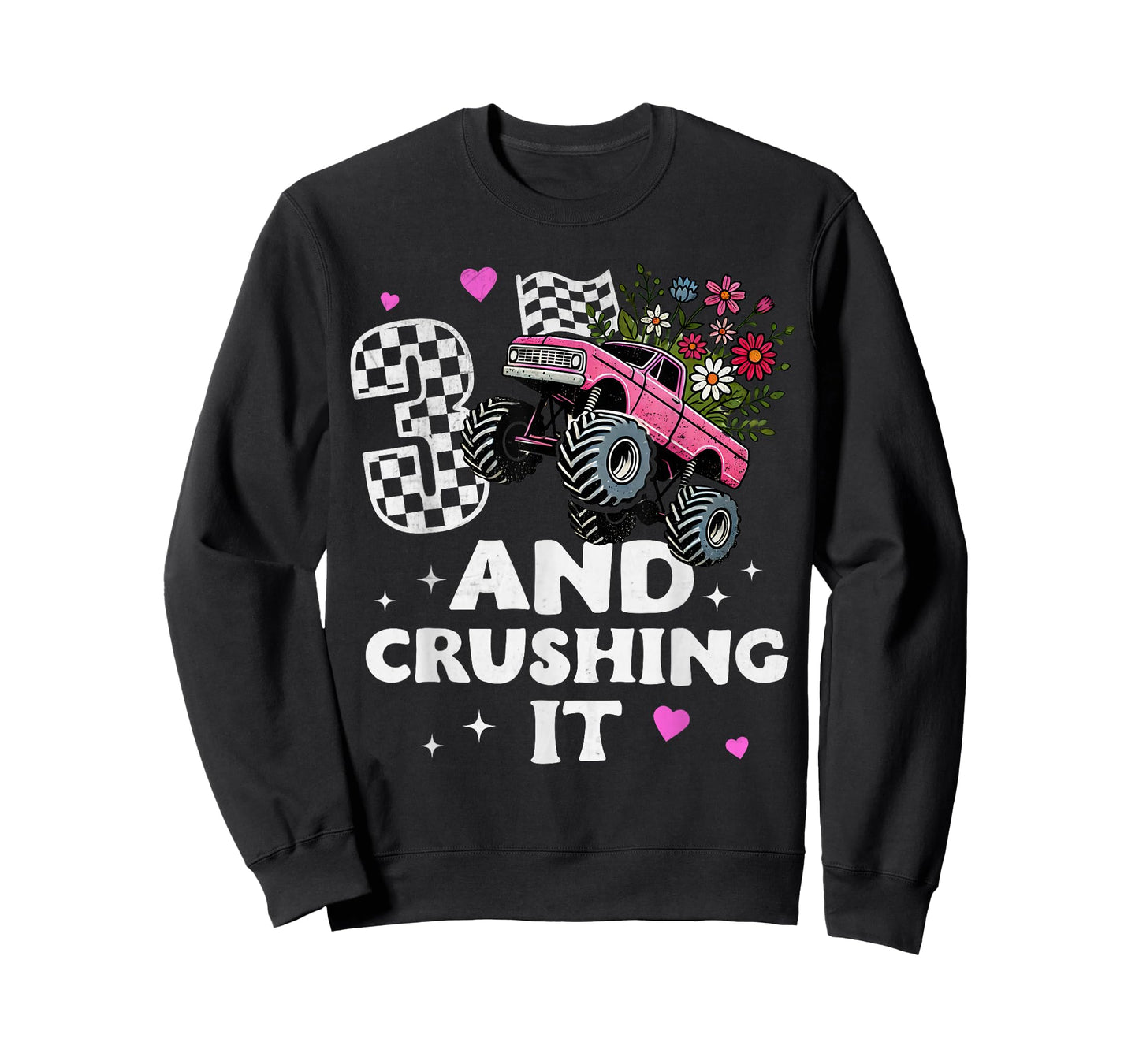 Checkered Girls Monster Truck 3rd Birthday Party Three Kids T-Shirt