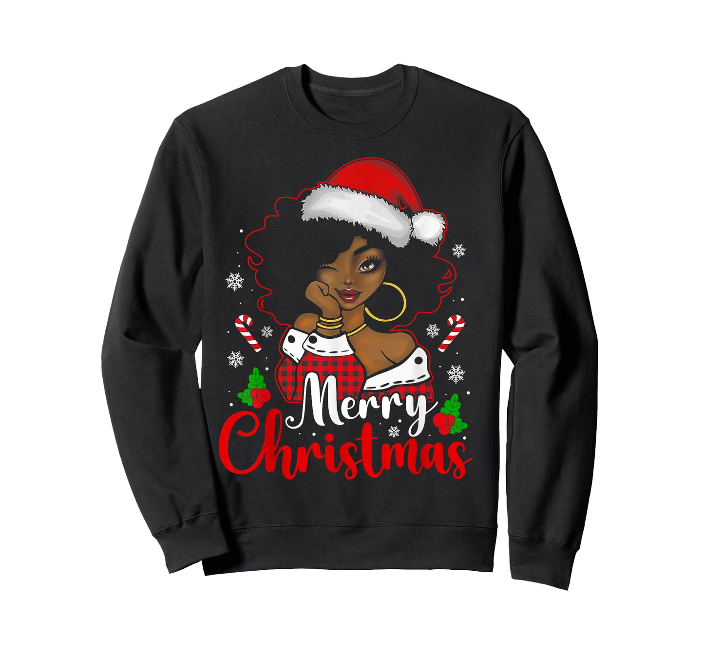 Merry Christmas Black African Girl Santa Hat Xmas Pajamas T-Shirt