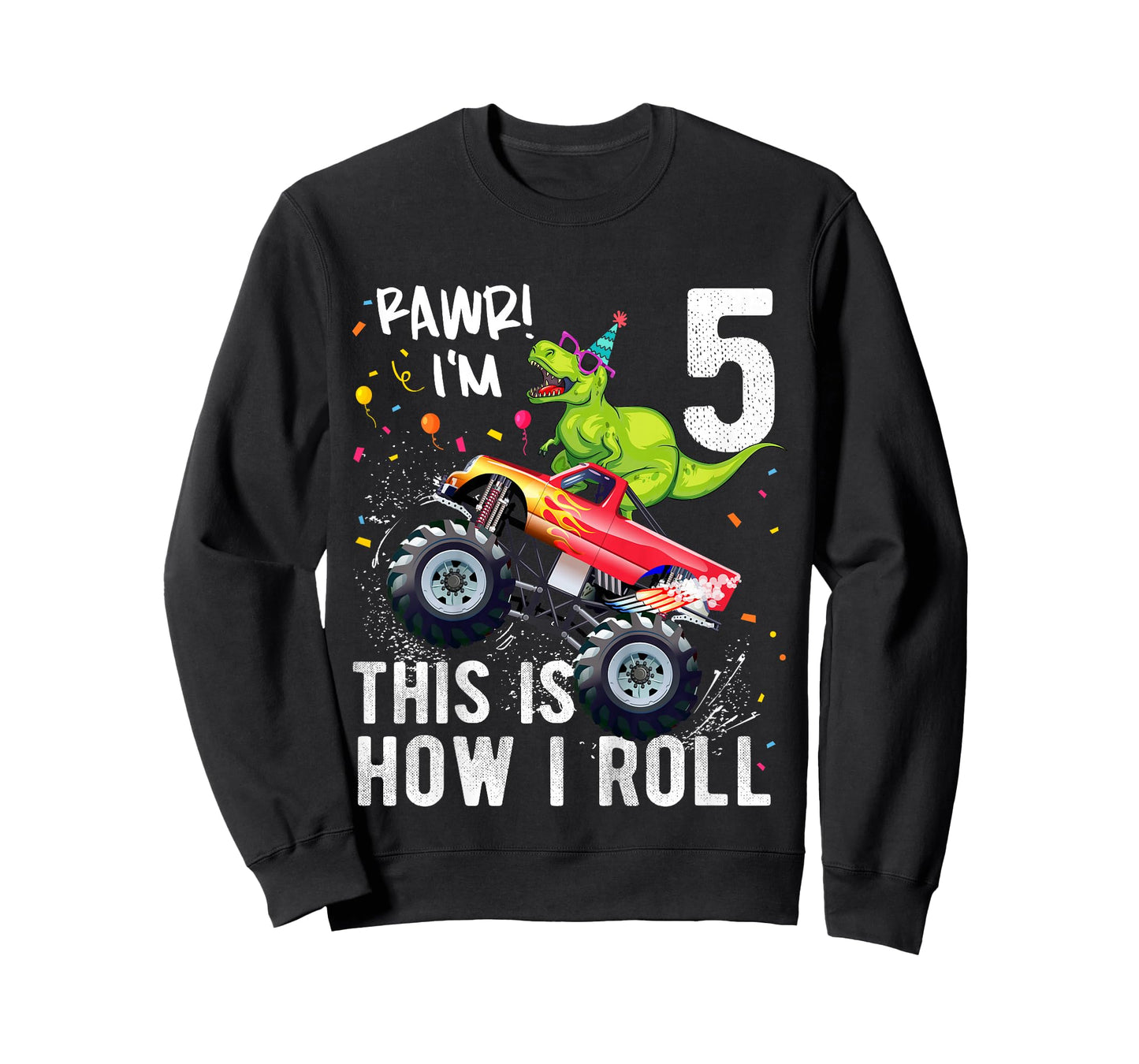 Kids T Rex Dinosaur Monster Truck 5th Birthday Boys and Girls T-Shirt