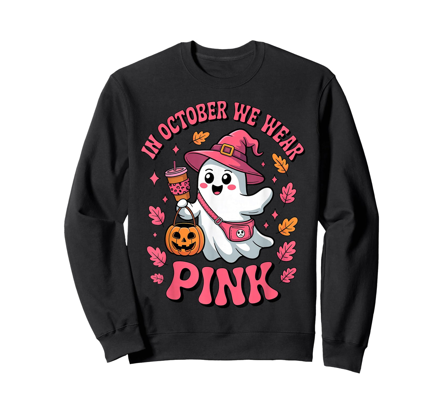 in October We Wear Pink Cute Ghost Halloween Drinking Coffee T-Shirt