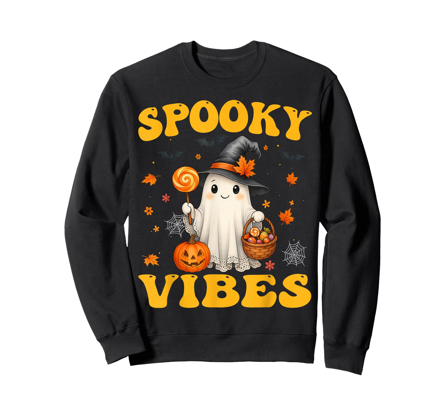 Groovy Spooky Vibes Retro Ghost Holding Pumpkin Halloween T-Shirt