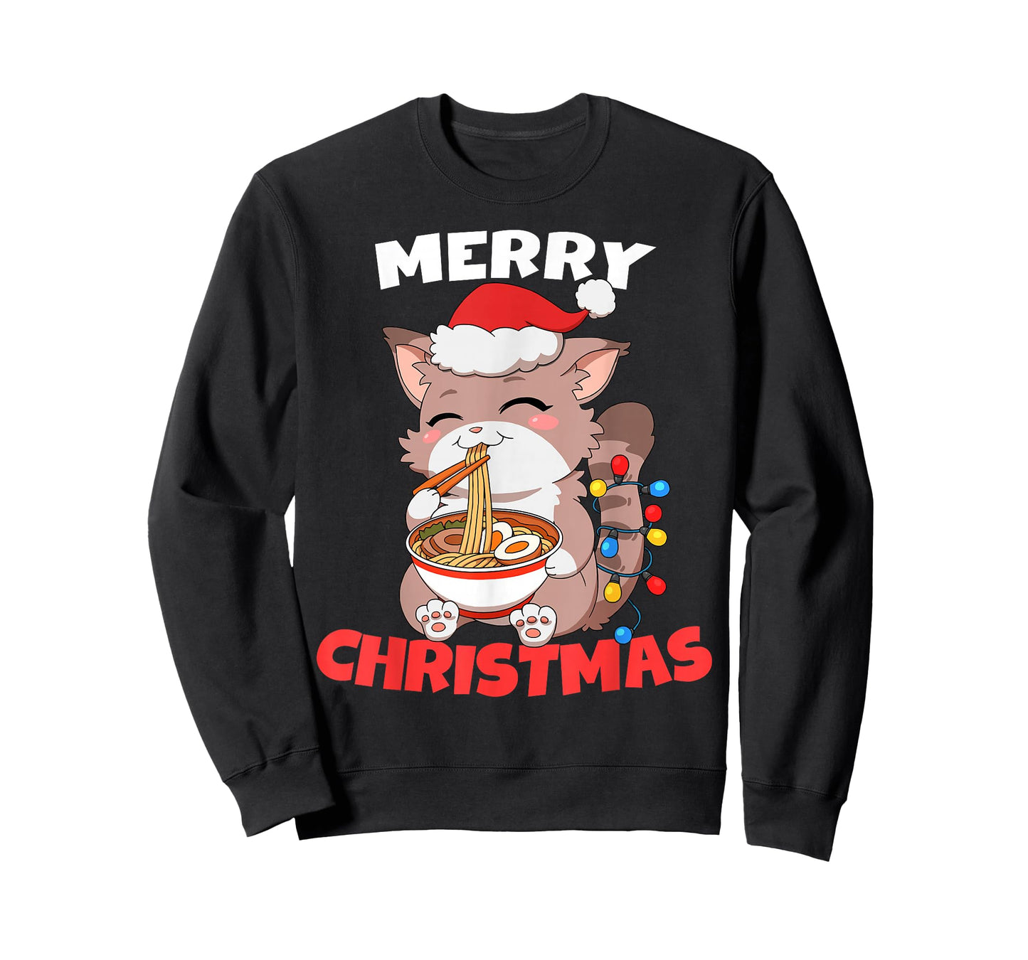 Merry Christmas Anime Kawaii Cat Ramen Xmas Lights T-Shirt