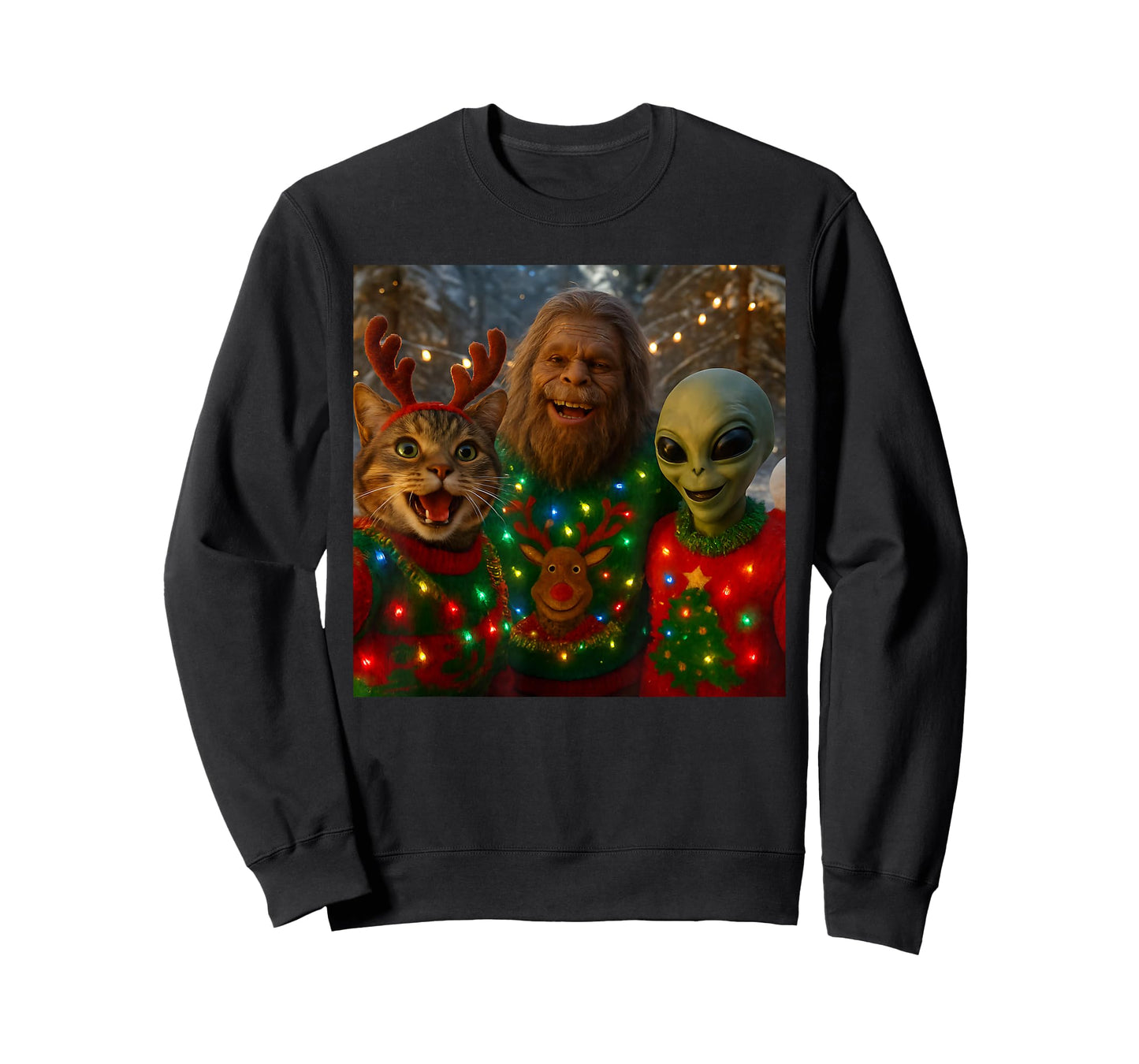 Funny Christmas Cat Selfie with Bigfoot Alien Ugly Sweater T-Shirt