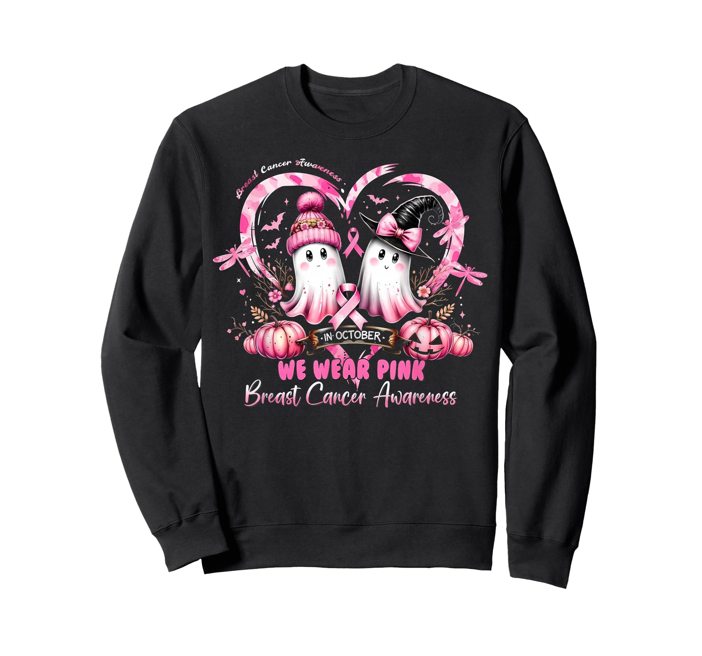 in October We Wear Pink Breast Cancer Heart Dragonflies T-Shirt