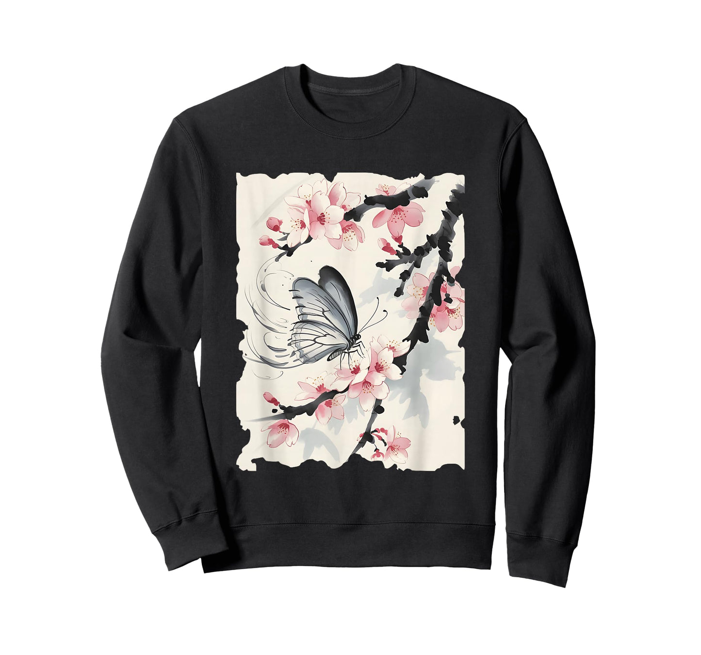 Butterfly Cherry Blossoms Japanese Art - Vintage Sumi-e T-Shirt