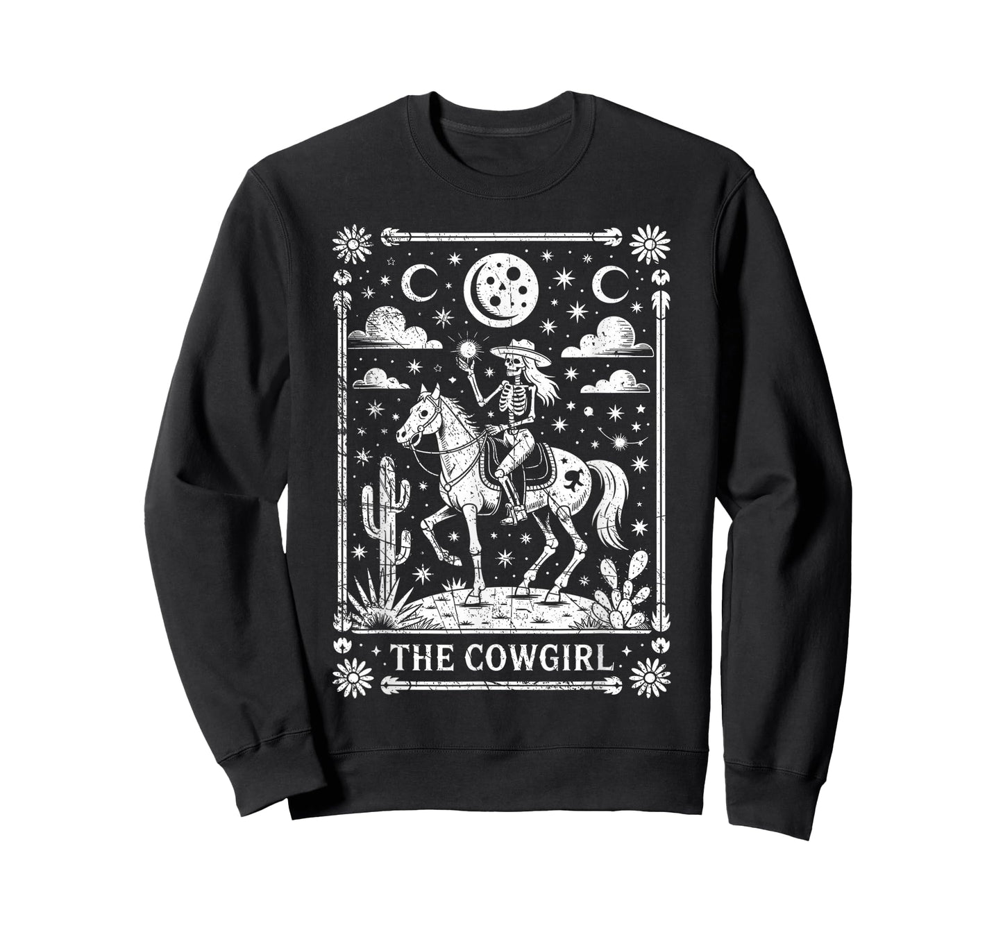 Skeleton Cowgirl Riding Horse Tarot Card Gothic Halloween T-Shirt