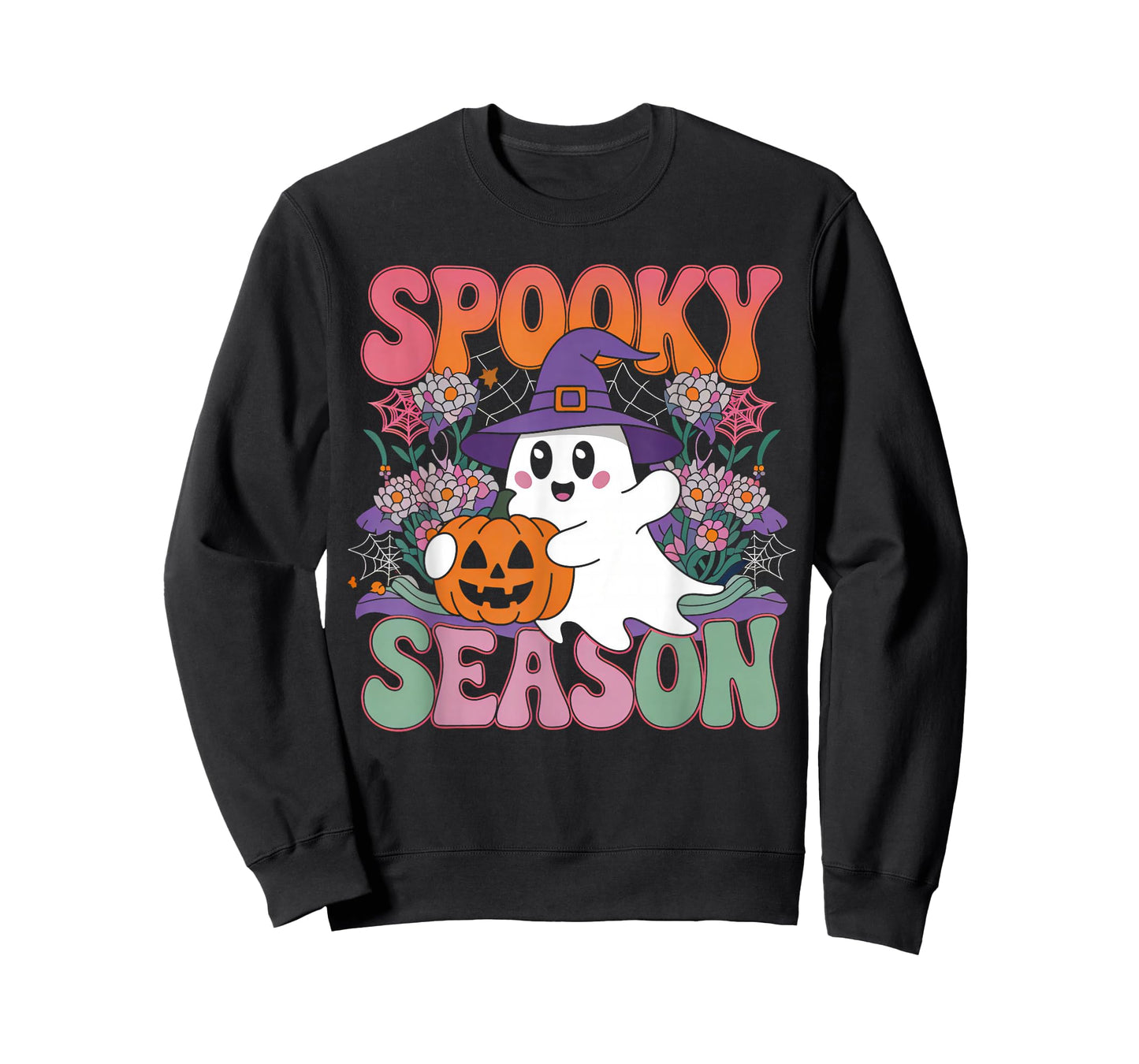 Groovy Spooky Season Retro Ghost Holding Pumpkin Halloween T-Shirt