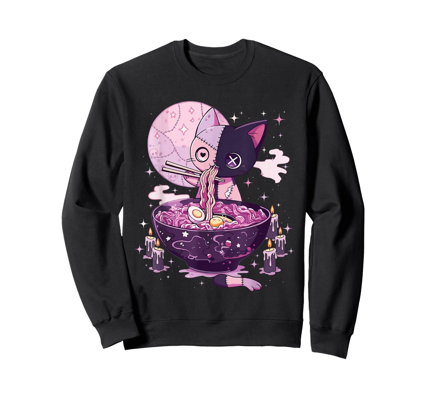 Kawaii Pastel Goth Zombie Patchwork Cat Eating Ramen Noodles T-Shirt
