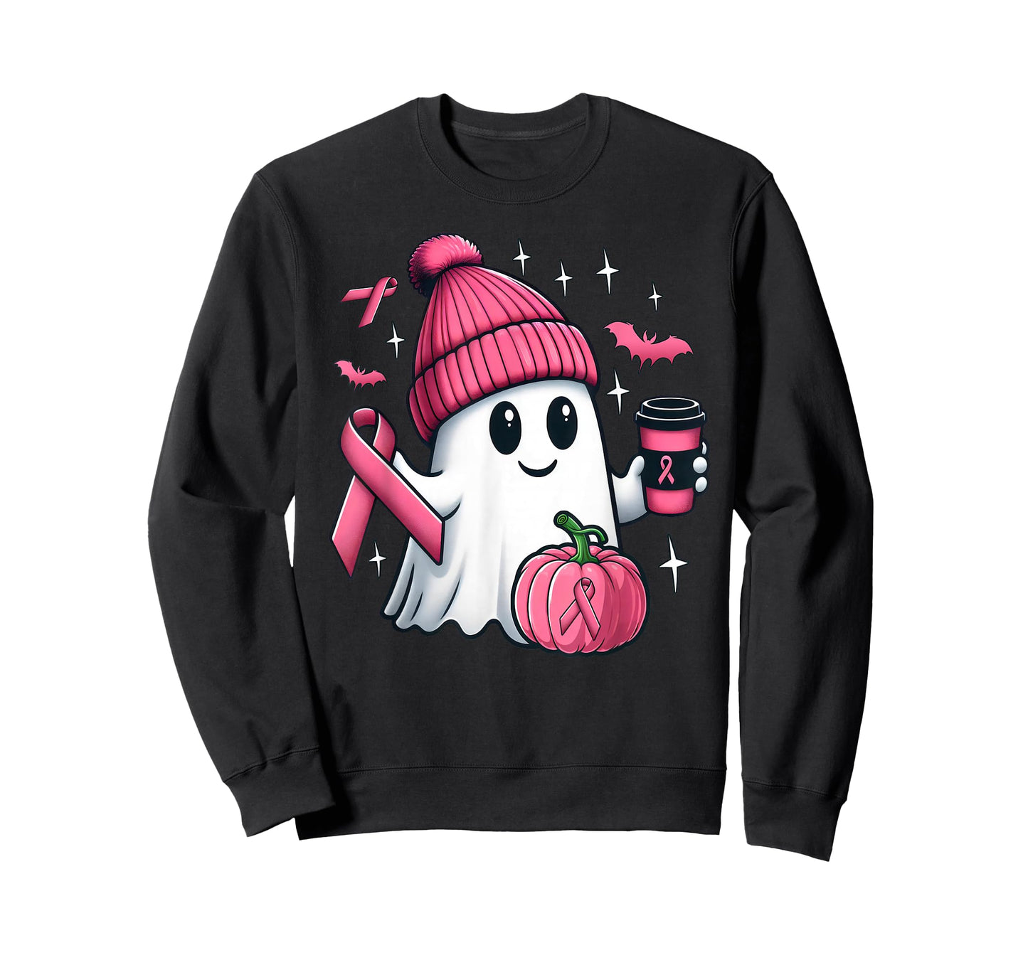 Cute Ghost Drinking Coffee Halloween Breast Cancer Awareness T-Shirt