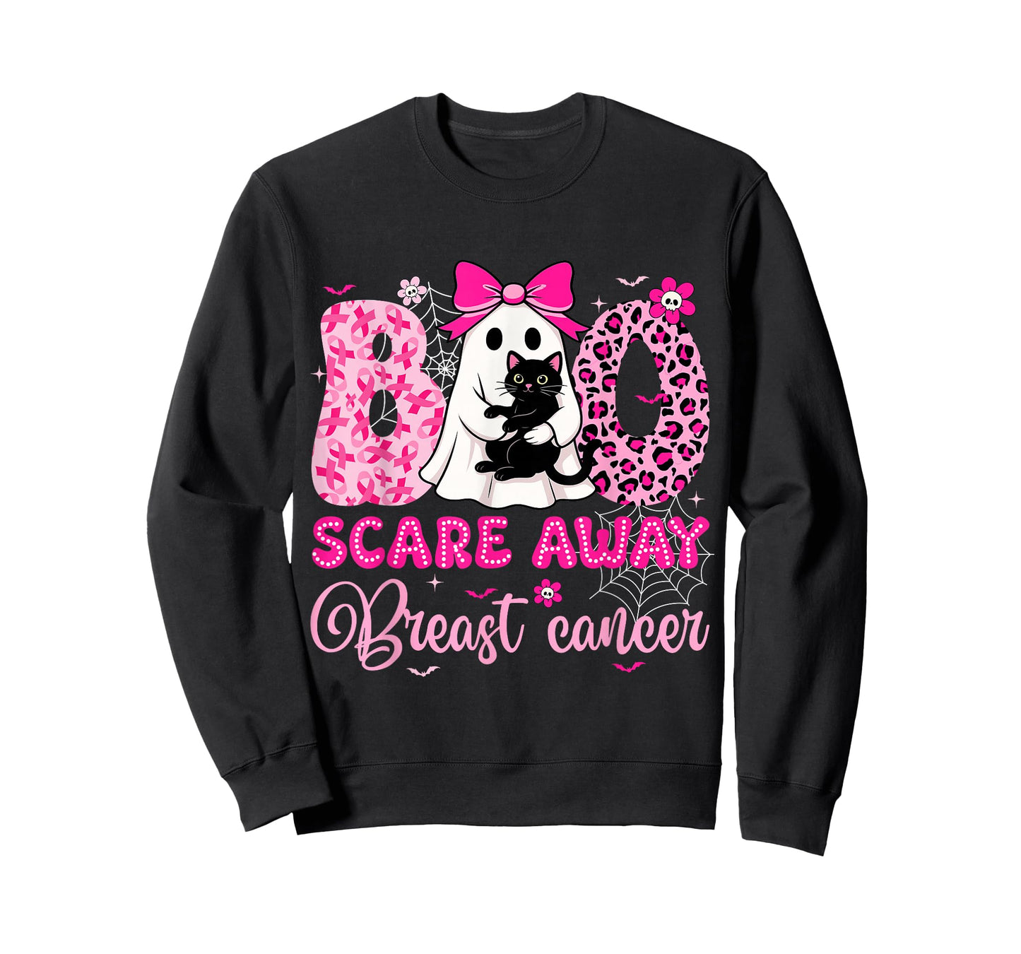 Boo Scare Away Breast Cancer Bow Cat Ghost Halloween Costume T-Shirt