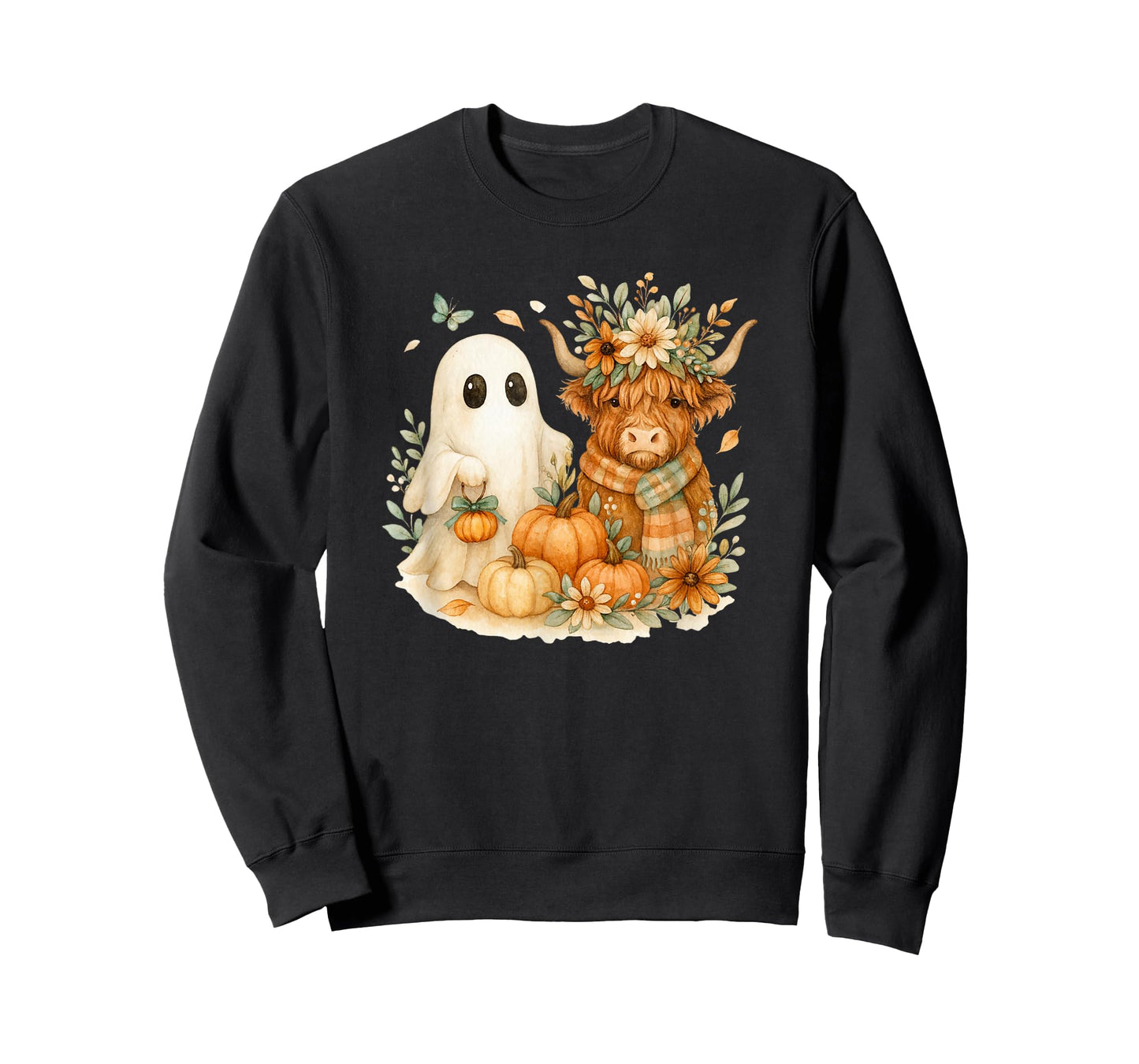 Highland Cow & Ghost Pumpkin Patch Watercolor Halloween T-Shirt
