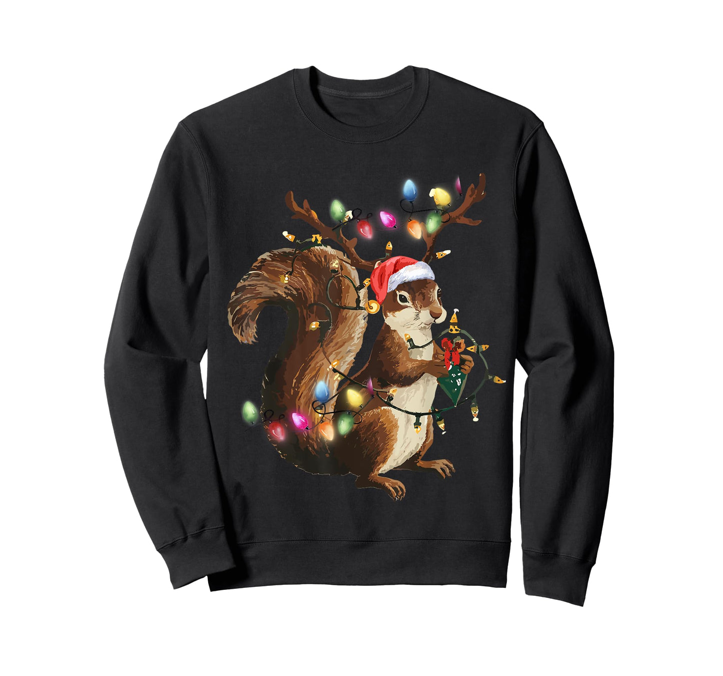 Funny Squirrel Christmas Tree Lights Reindeer Santa Hat Xmas T-Shirt