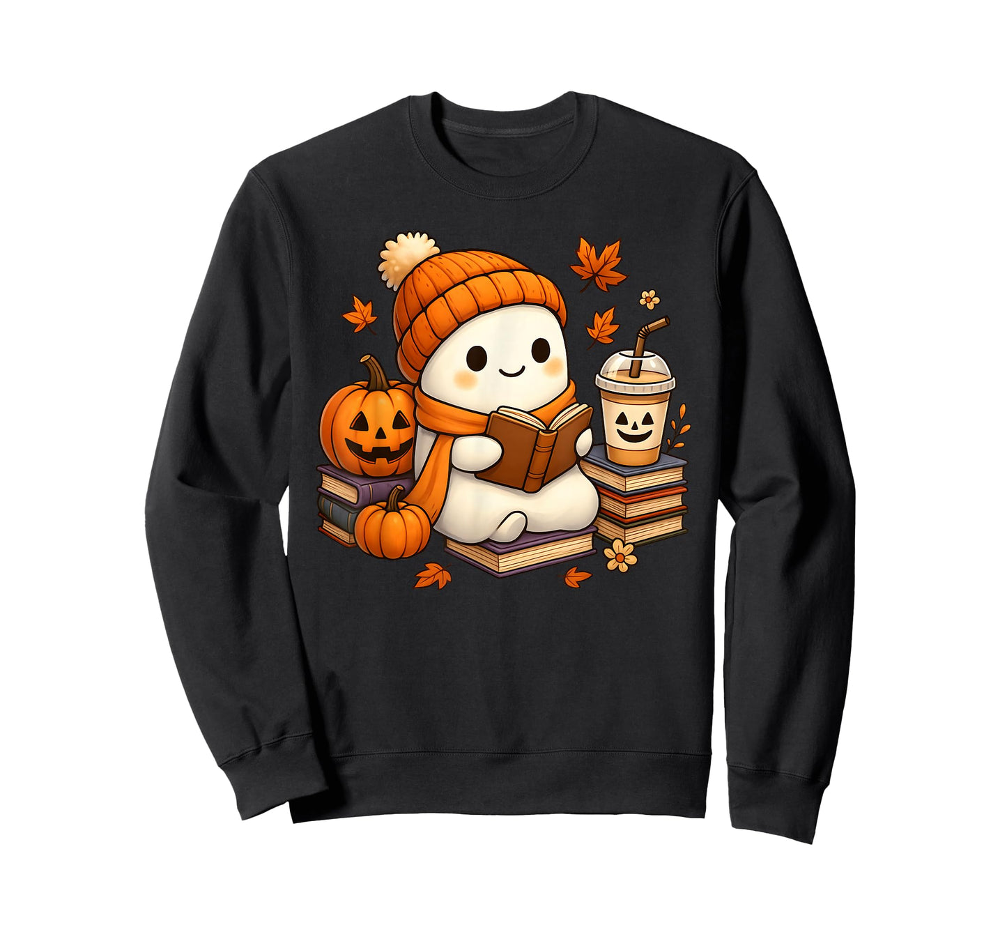 Halloween Ghost Reading Book Lovers Coffee Girl Women T-Shirt