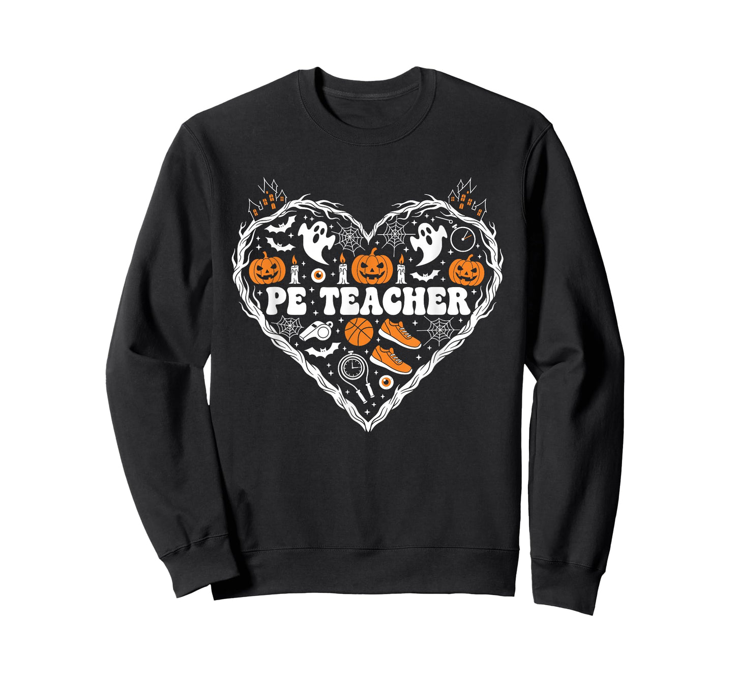 PE Teacher Heart Pumpkin Ghost Halloween Kids Mens Womens T-Shirt