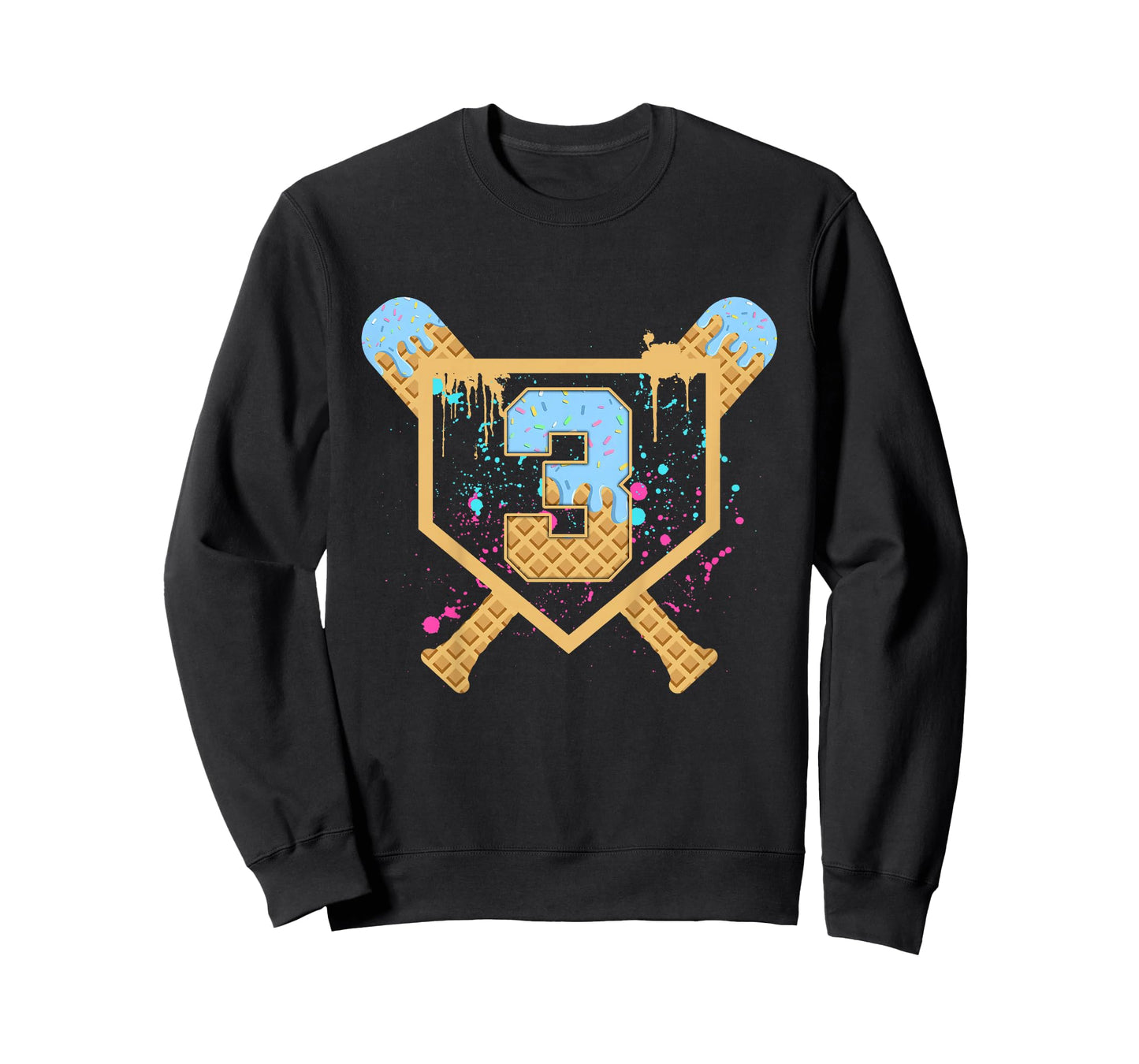 Kids Baseball 3 Year Old Ice Cream Drip 3rd Birthday Boy Number 3 T-Shirt