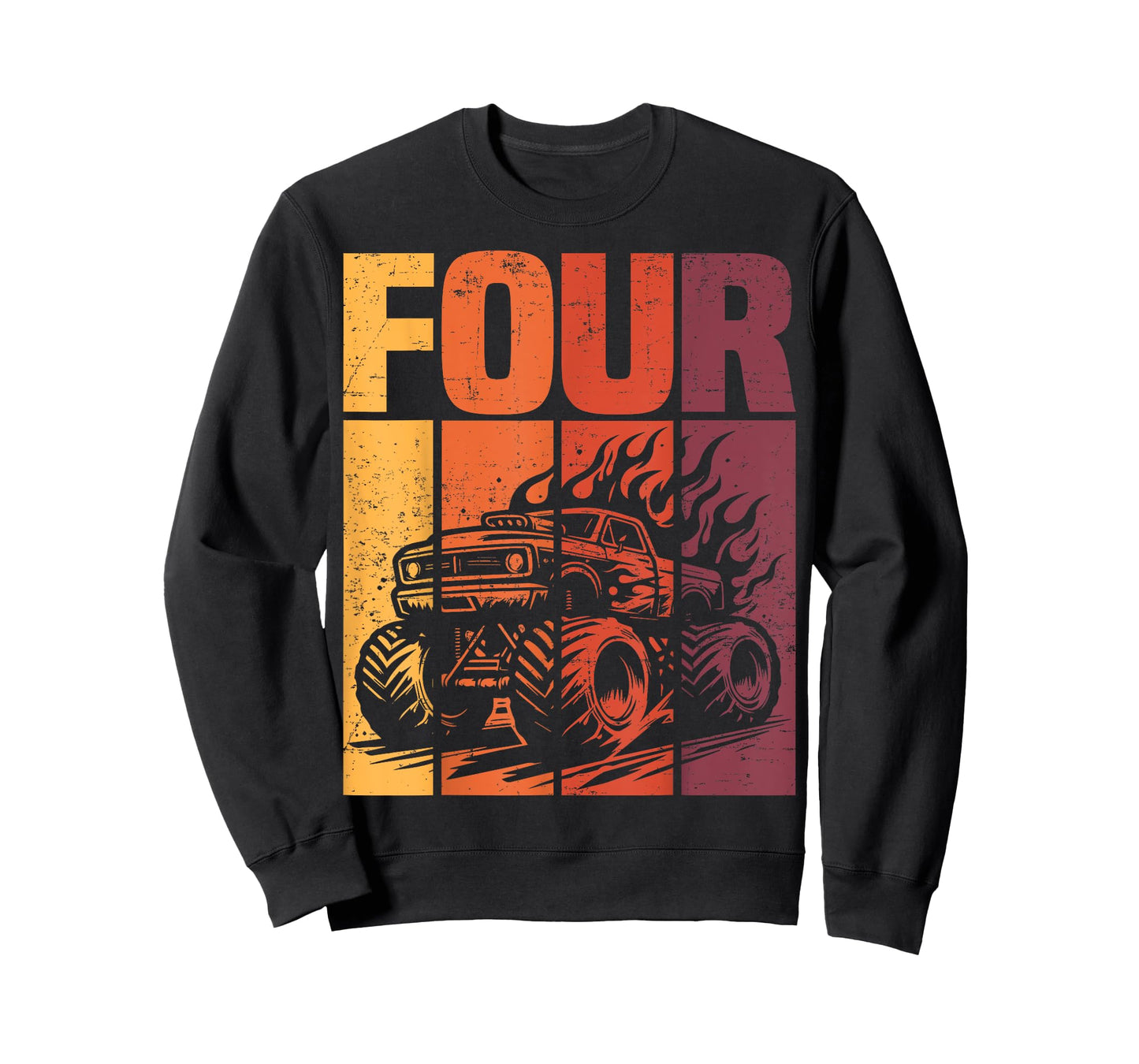 Retro Monster Truck 4th Birthday Boy Four Year Old Kids Bday T-Shirt