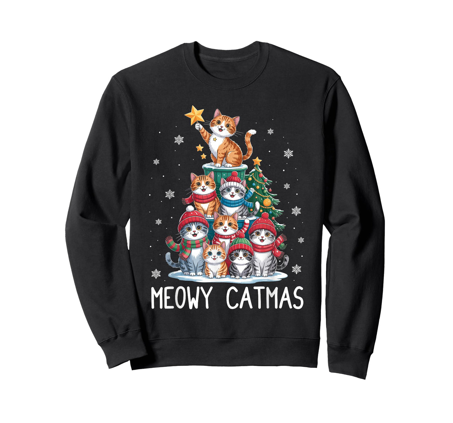 Meowy Catmas Cat Christmas Tree Xmas Girls Boys Funny Santa T-Shirt