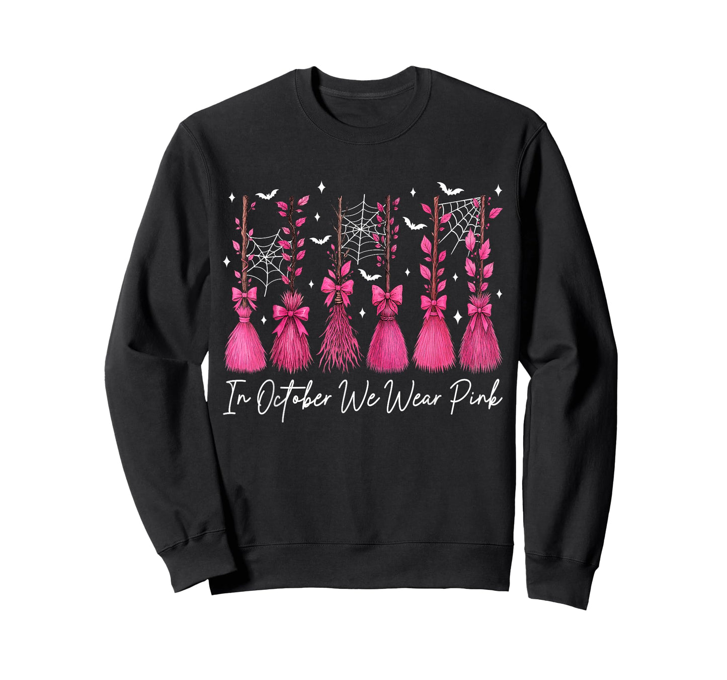 in October We Wear Pink Witch Broom Breast Cancer Halloween T-Shirt
