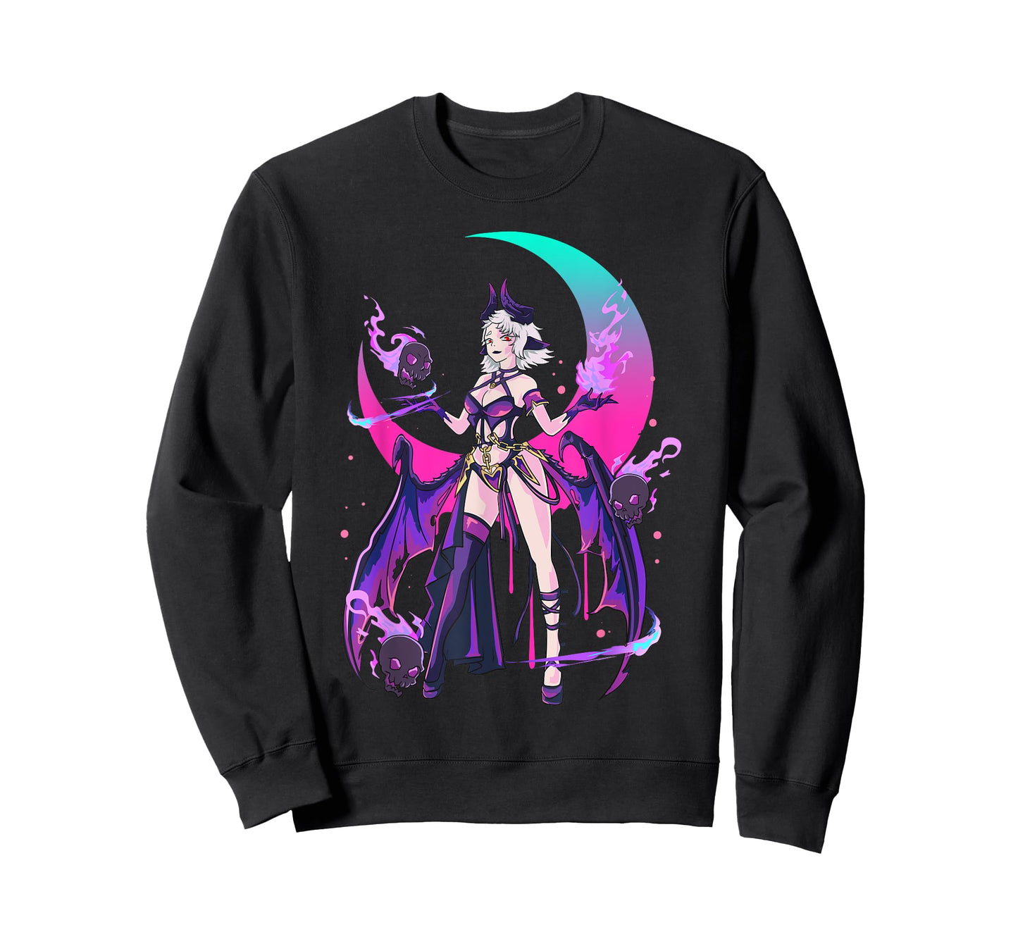 Sexy Anime Devil Witchy Skull Moon Fire Japanese Otaku Magic T-Shirt