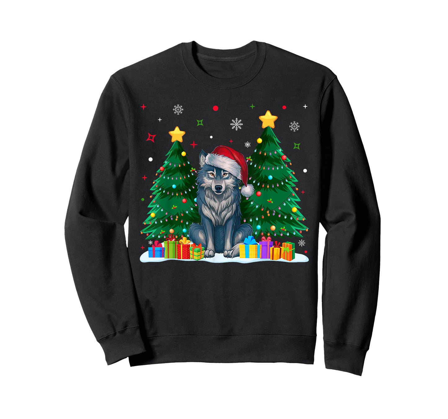 Funny Animal Lovers Wolf Santa Hat Ugly Christmas Sweater T-Shirt