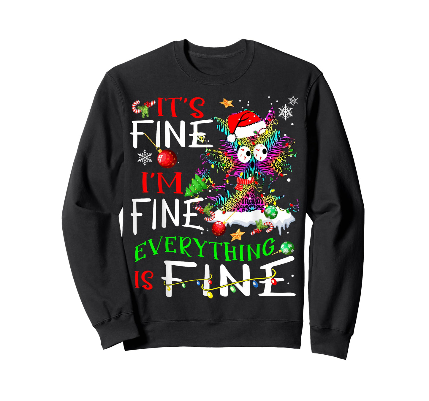 It's Fine I'm Fine Everything Is Fine Tie Dye Cat Xmas Light T-Shirt