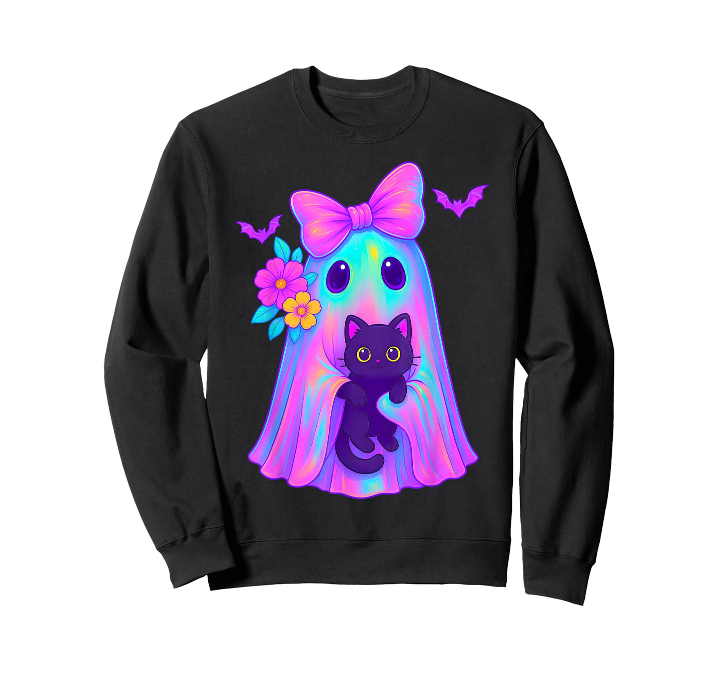Cute Floral Ghost Holding a Cat Coquette Bow Halloween Women T-Shirt
