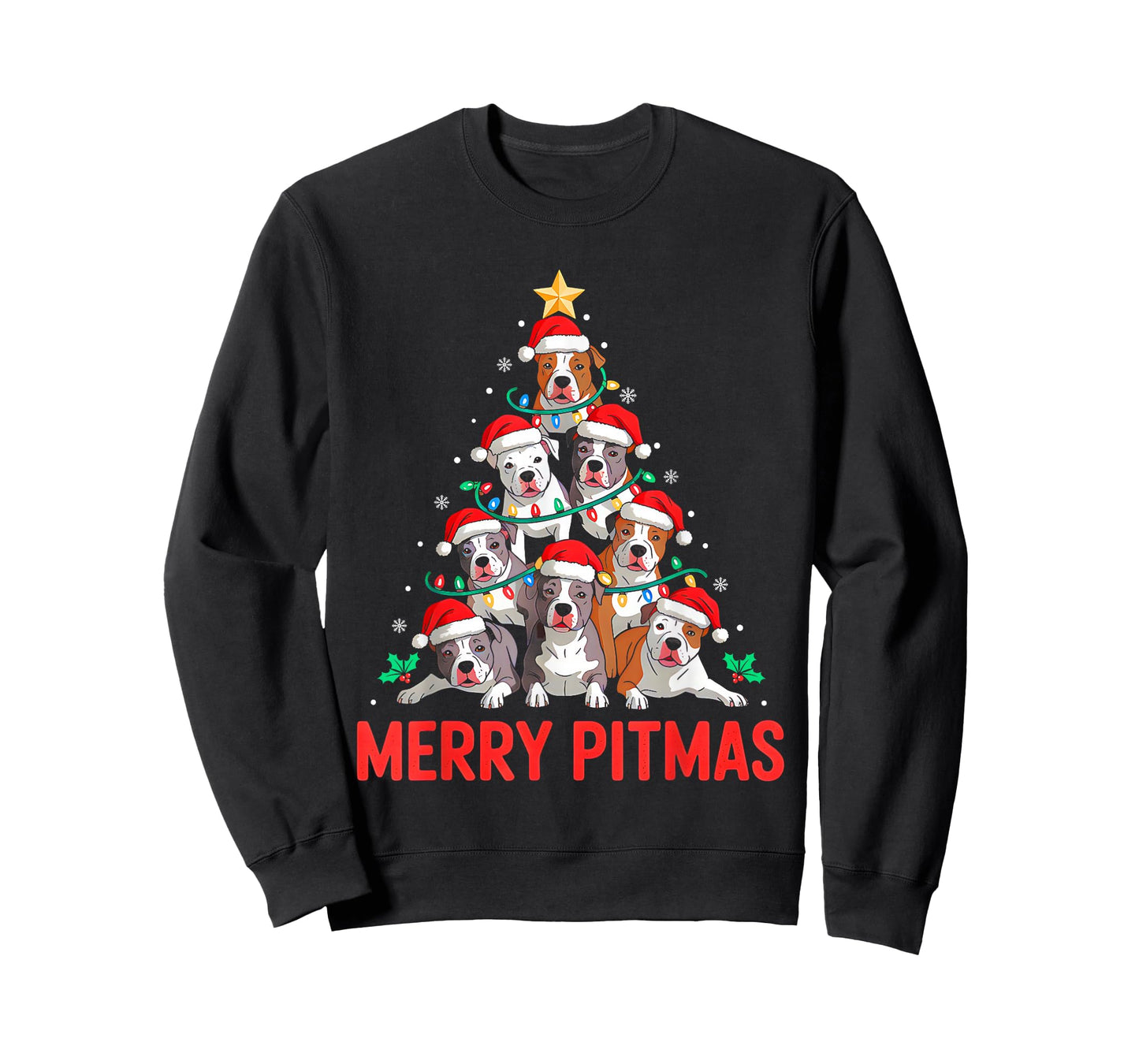 Pitbull Dog Tree Xmas Light Santa Hat Christmas Merry Pitmas T-Shirt