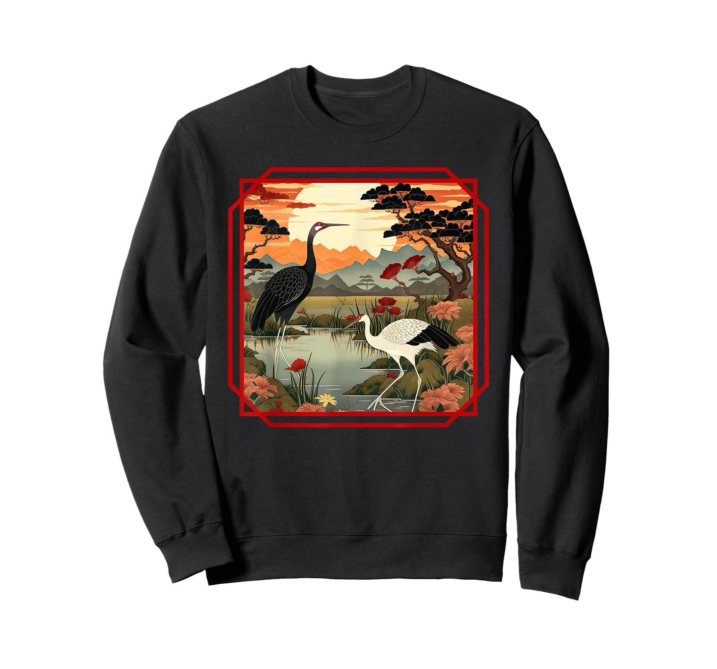 Japanese Woodblock art of a white and black cranes T-Shirt