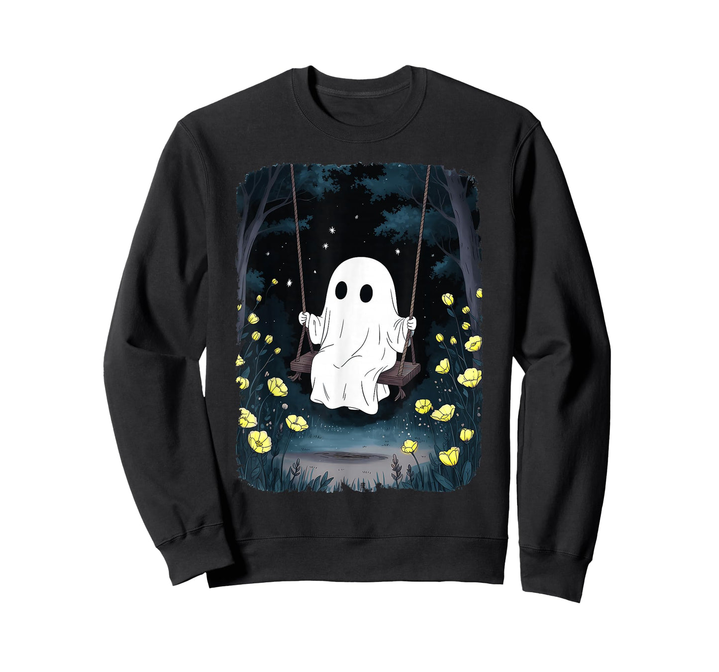 Vintage Ghost Swinging in Forest Night Halloween Floral T-Shirt