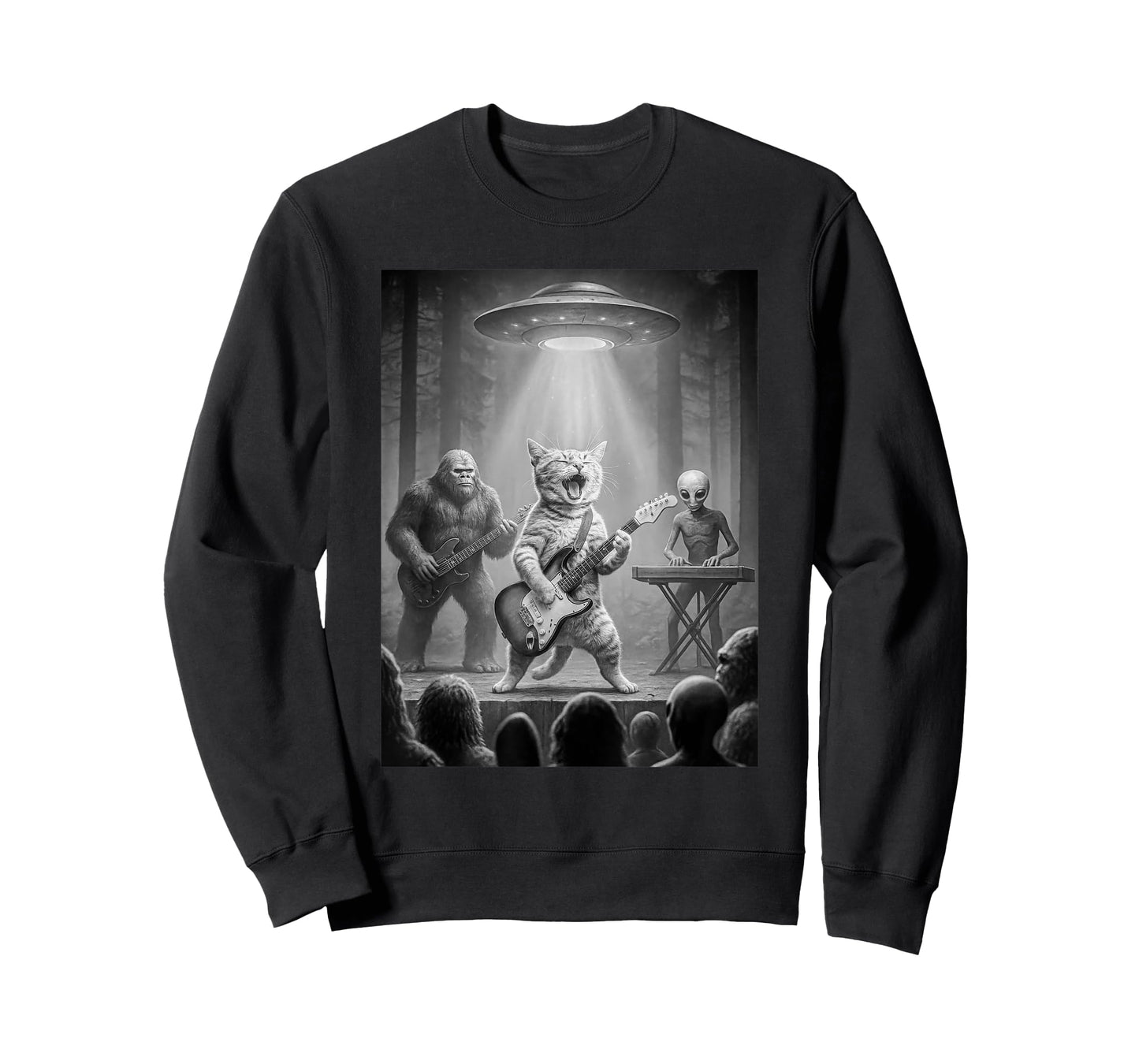 Cat Playing Guitar Bigfoot Alien Rock Star UFO Graphic Men T-Shirt