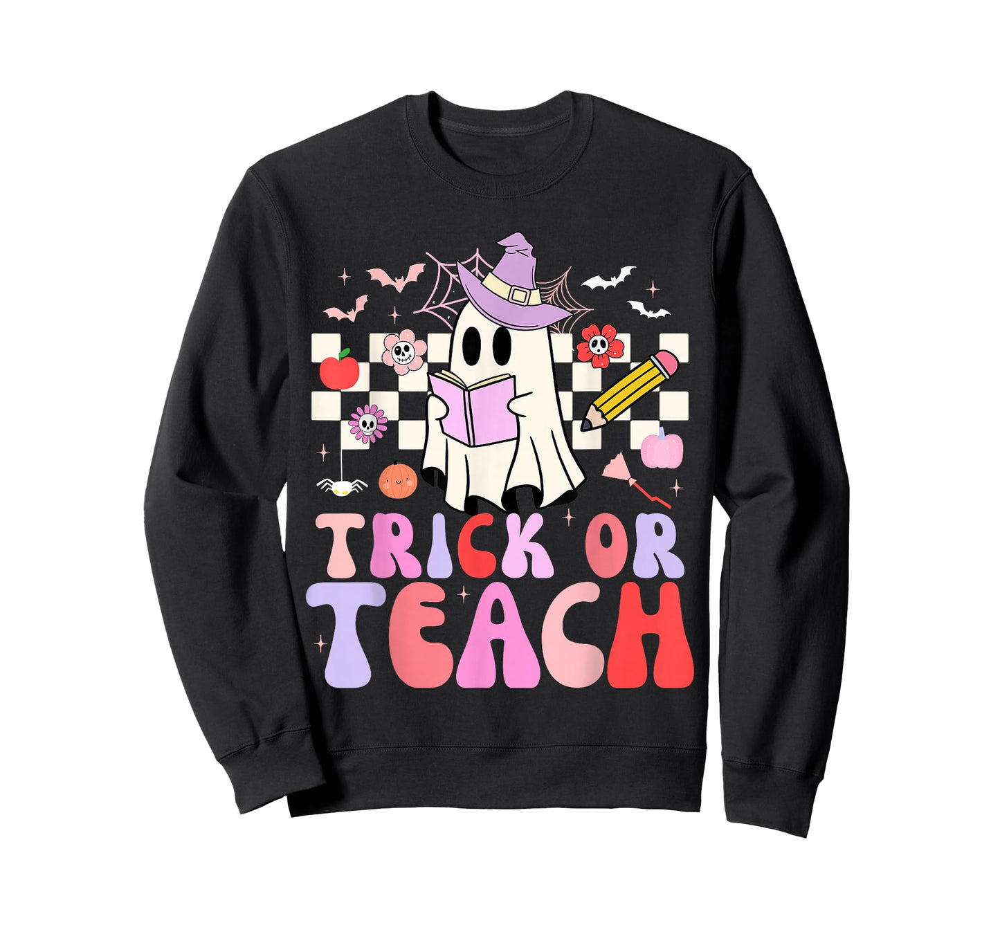 Trick Or Teach Groovy Teacher Halloween Retro Floral Ghost T-Shirt