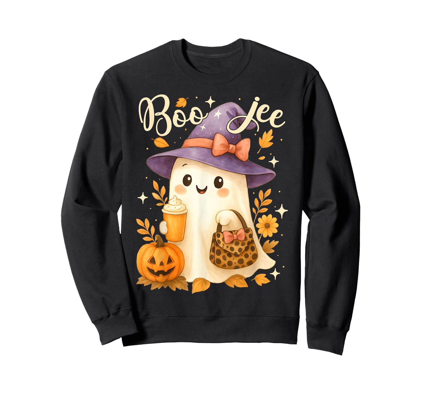 Cute Boo Jee Witch Ghost Halloween Coffee Latte Leopard T-Shirt